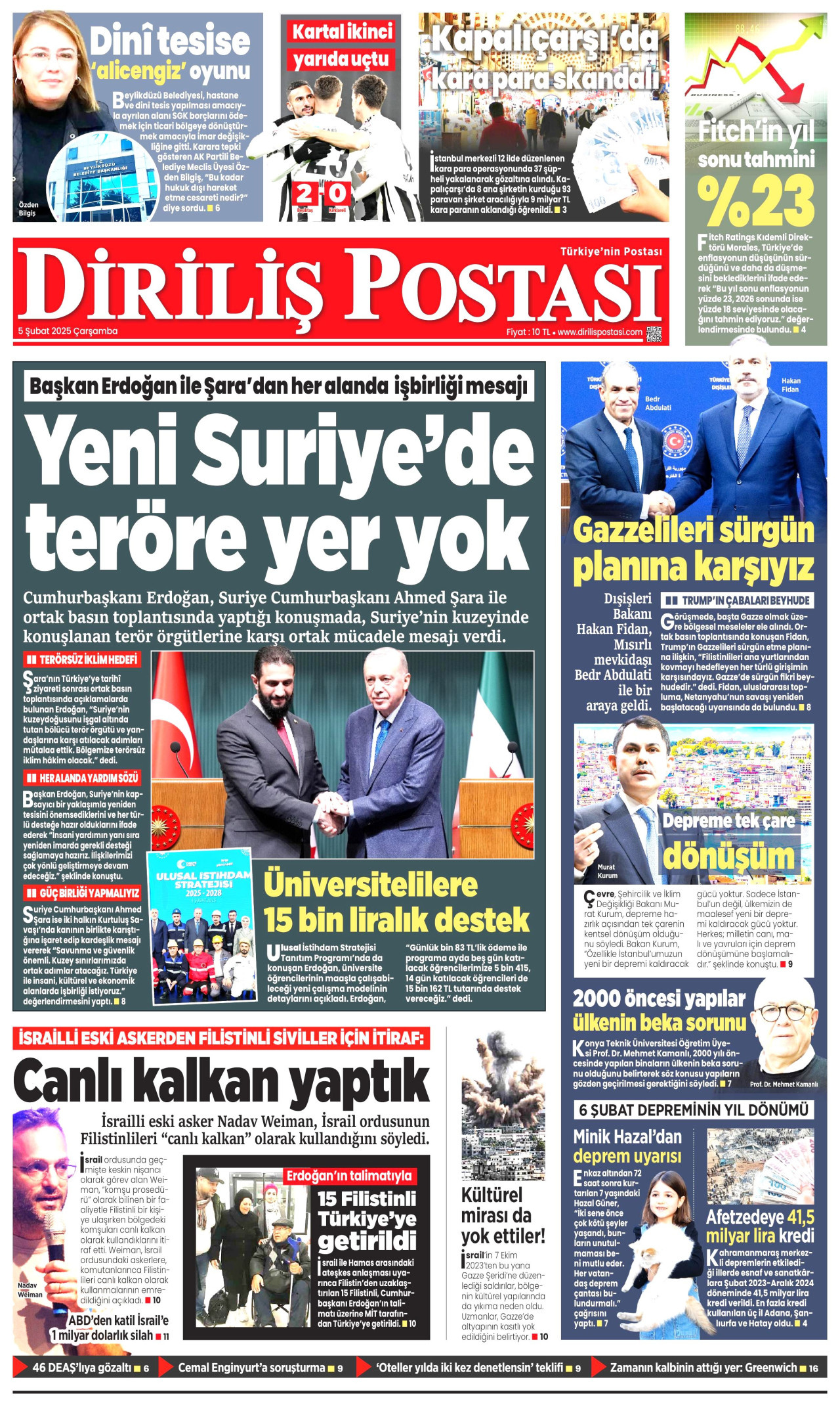 DİRİLİŞ POSTASI gazetesinin 5 Şubat 2025 tarihli birinci sayfası