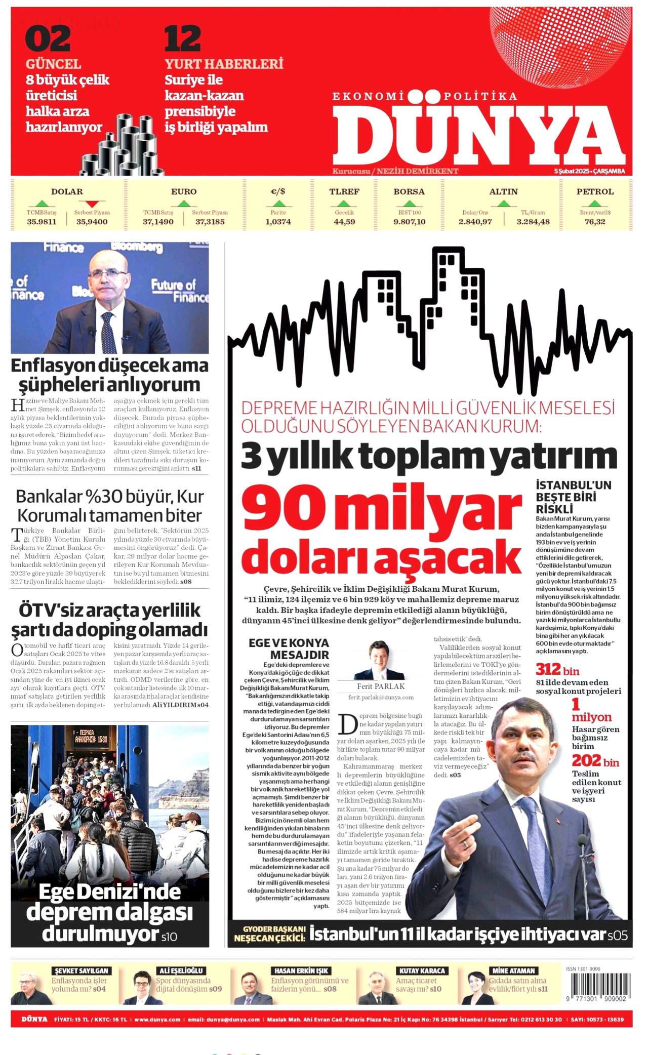 DÜNYA gazetesinin 5 Şubat 2025 tarihli birinci sayfası
