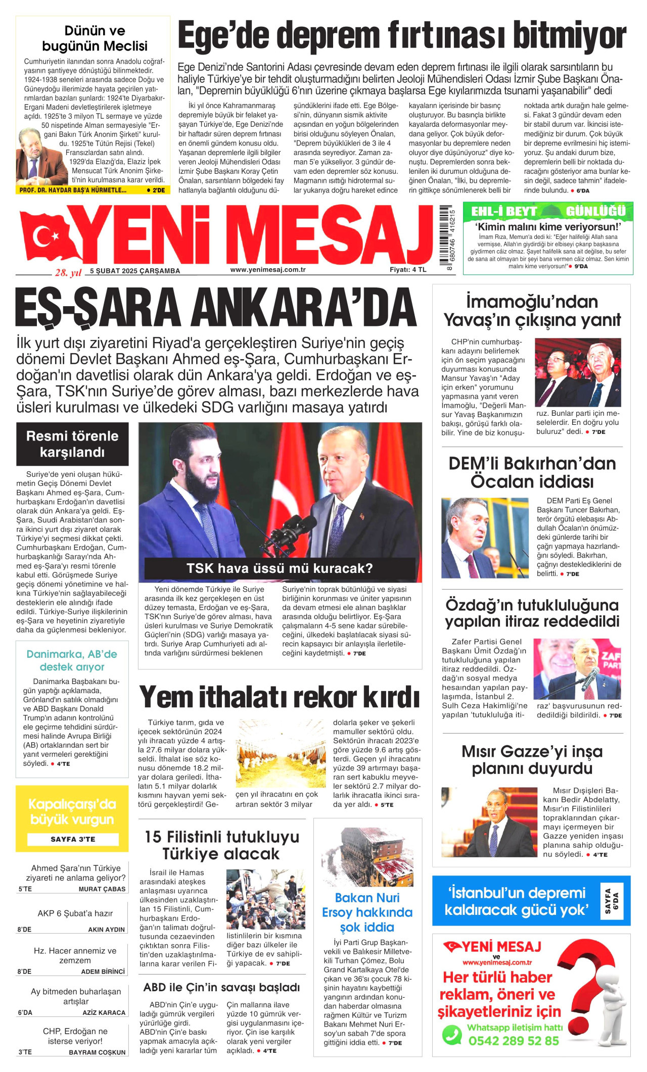 YENİ MESAJ gazetesinin 5 Şubat 2025 tarihli birinci sayfası