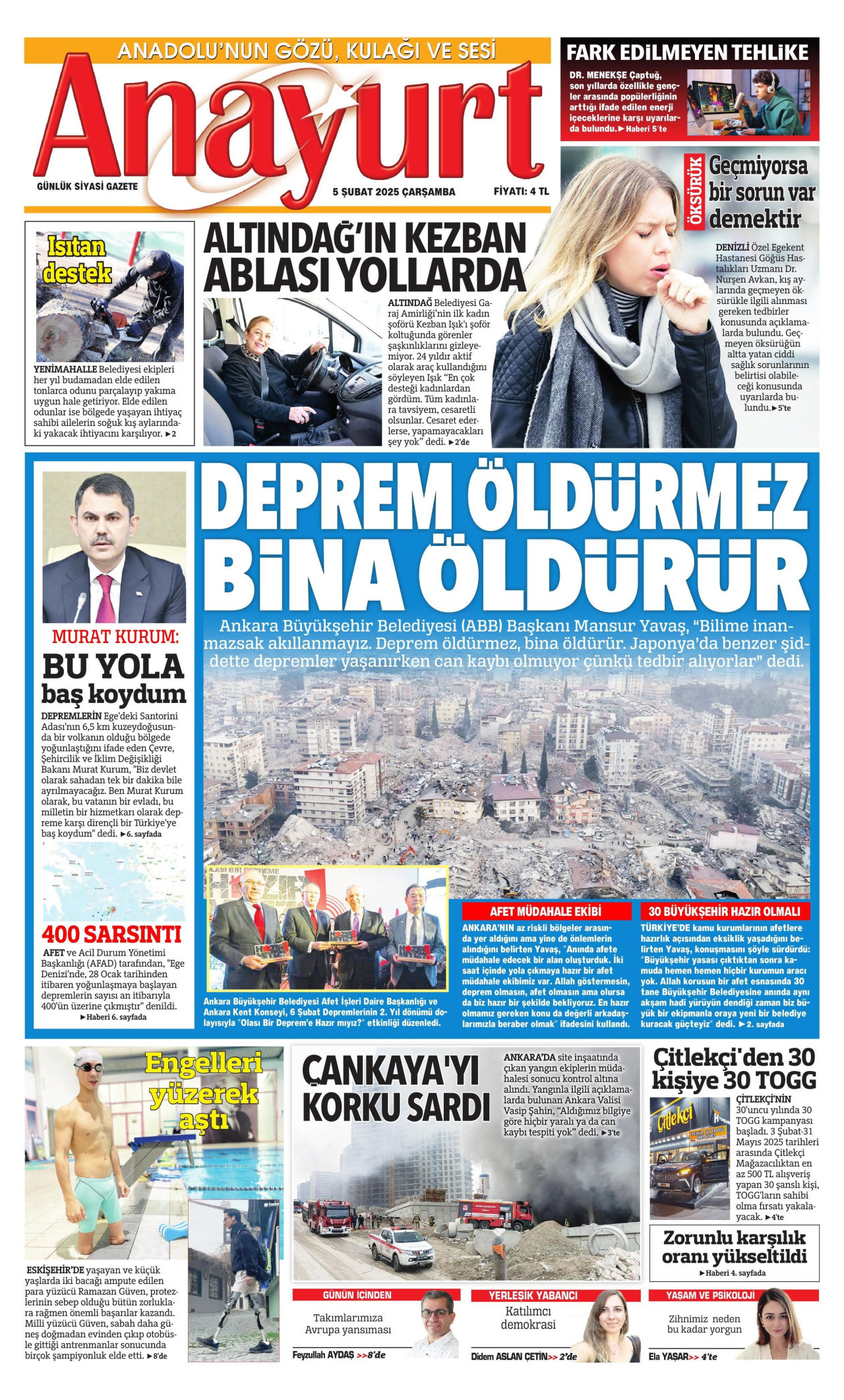 ANAYURT gazetesinin 5 Şubat 2025 tarihli birinci sayfası