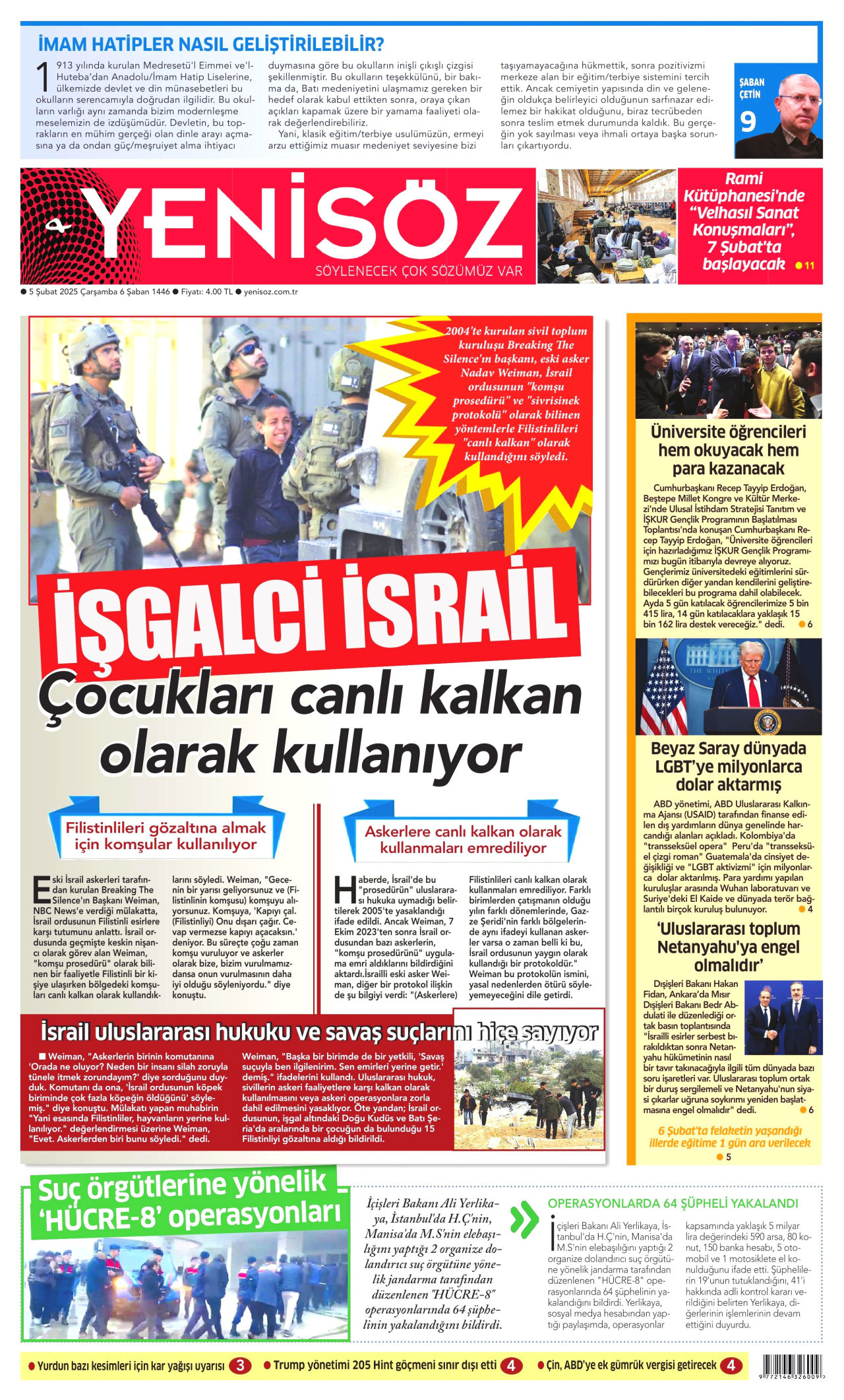 YENİ SÖZ GAZETESİ gazetesinin 5 Şubat 2025 tarihli birinci sayfası