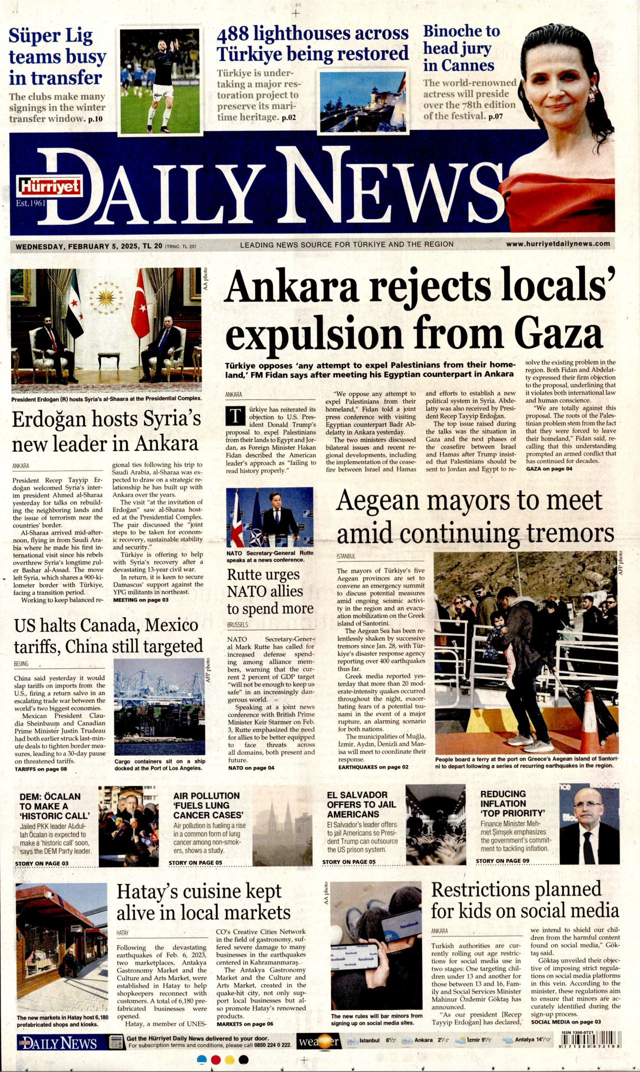 HÜRRİYET DAİLY NEWS gazetesinin 5 Şubat 2025 tarihli birinci sayfası