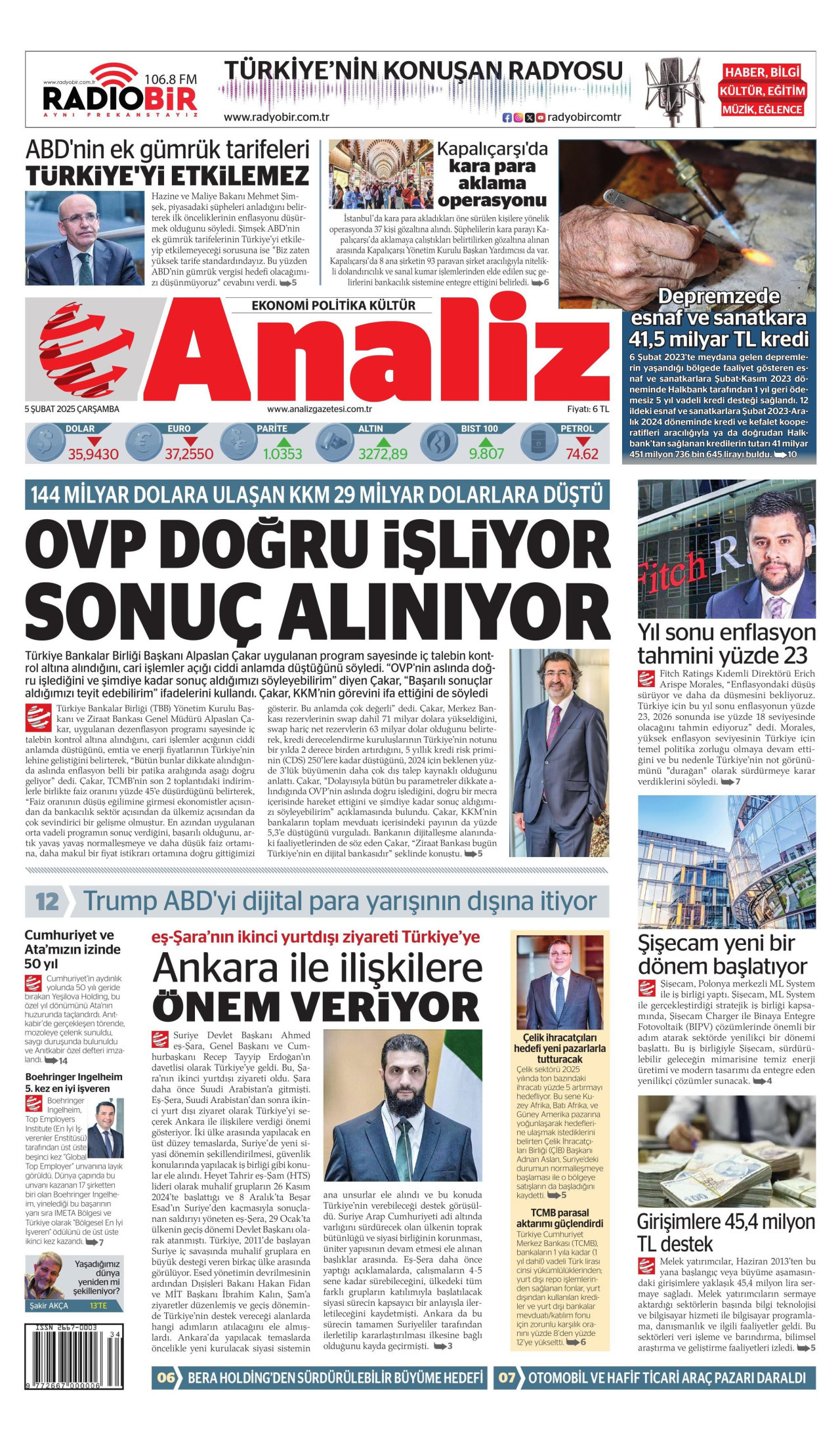 ANALİZ gazetesinin 5 Şubat 2025 tarihli birinci sayfası