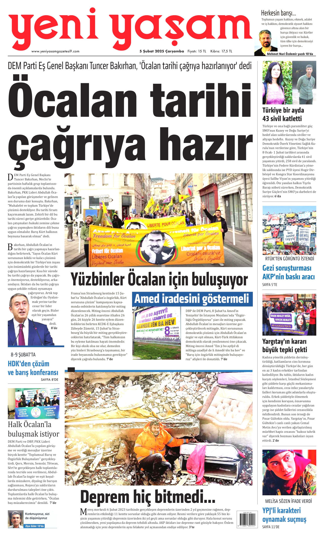 YENİ YAŞAM gazetesinin 5 Şubat 2025 tarihli birinci sayfası