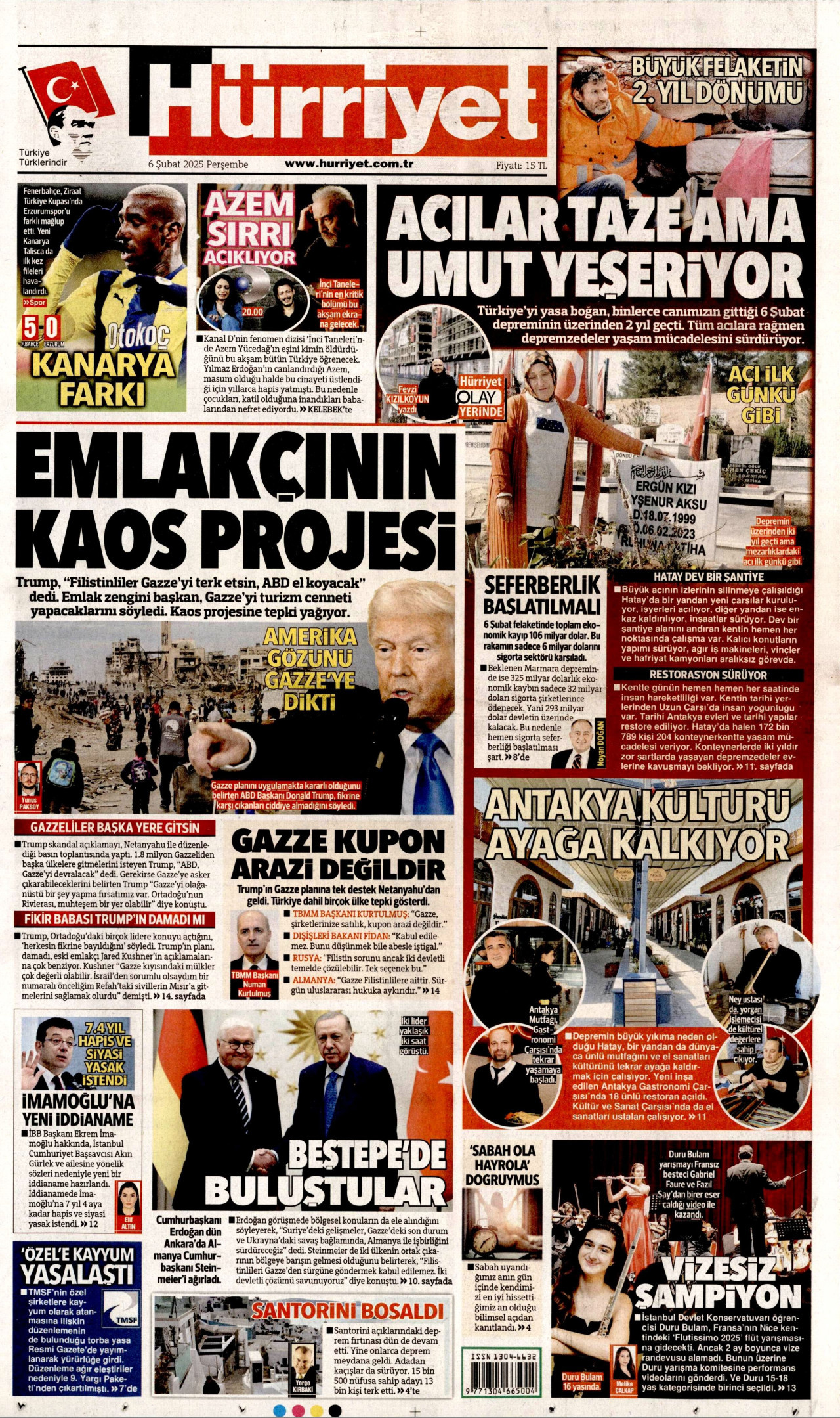 HÜRRİYET gazetesinin 6 Şubat 2025 tarihli birinci sayfası