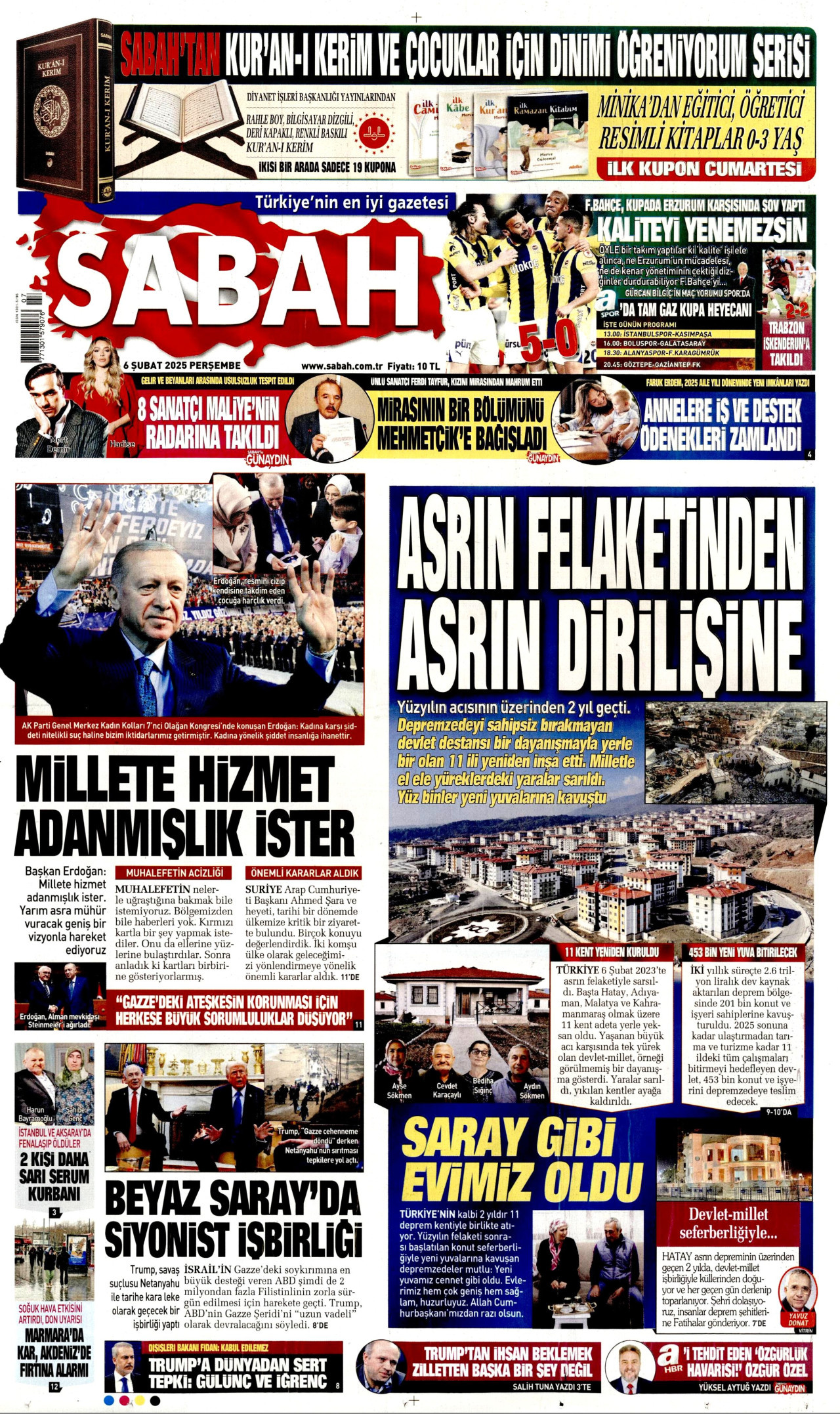 SABAH gazetesinin 6 Şubat 2025 tarihli birinci sayfası
