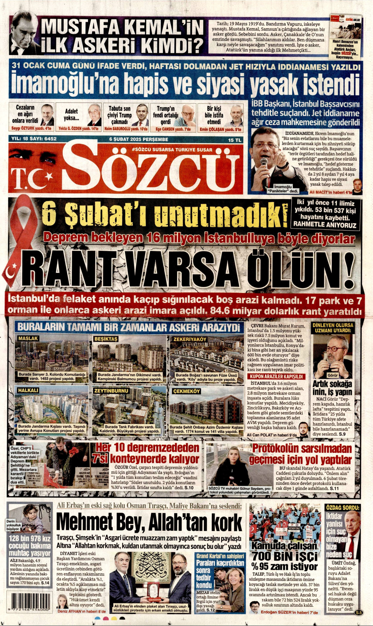 SÖZCÜ gazetesinin 6 Şubat 2025 tarihli birinci sayfası