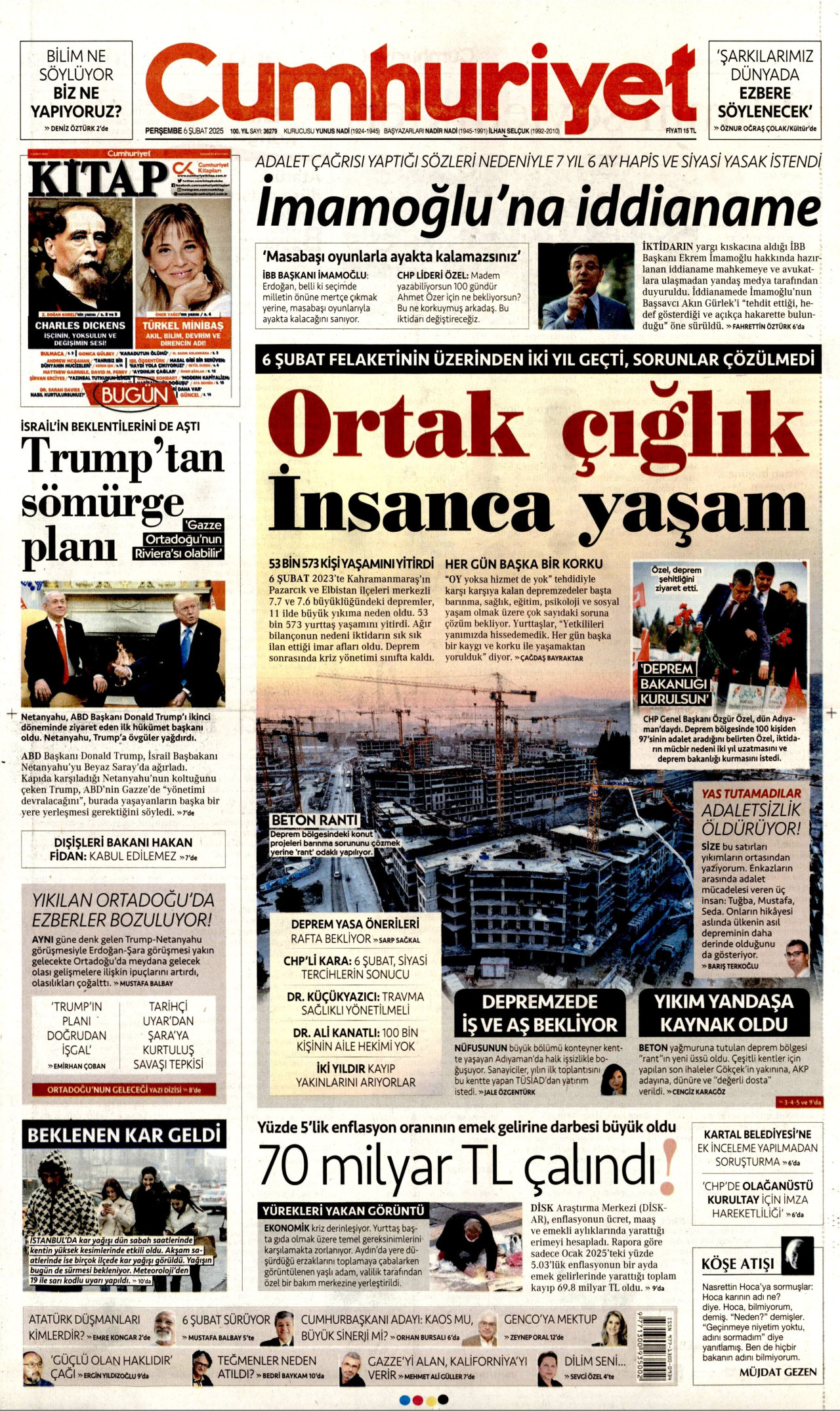CUMHURİYET gazetesinin 6 Şubat 2025 tarihli birinci sayfası