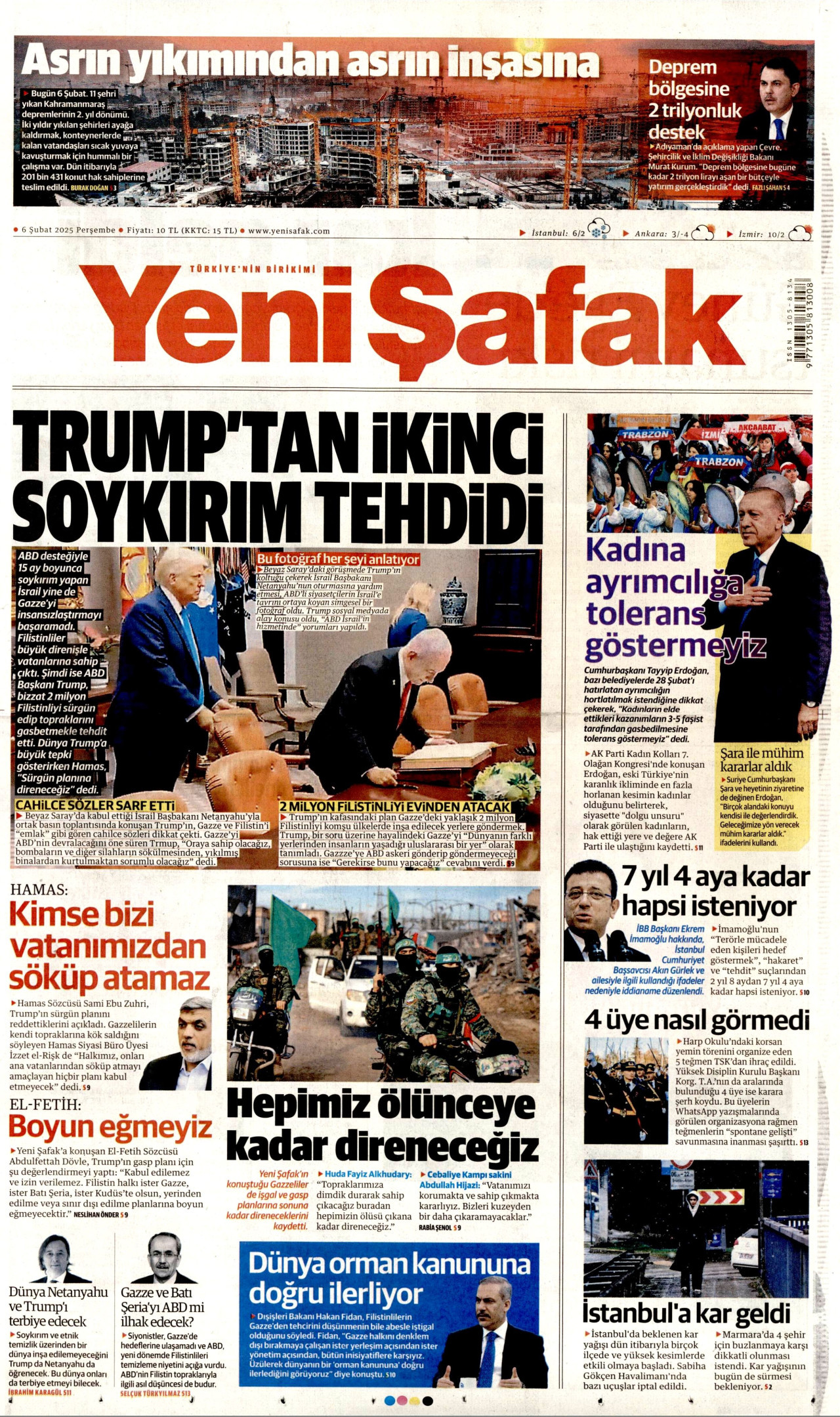 YENİ ŞAFAK gazetesinin 6 Şubat 2025 tarihli birinci sayfası