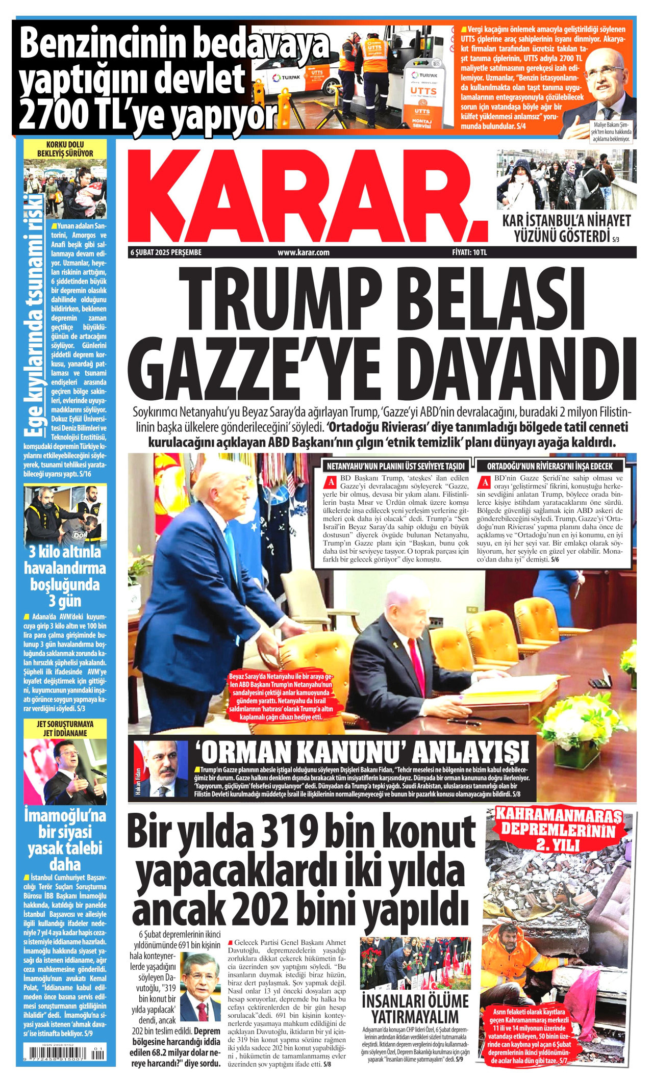 KARAR gazetesinin 6 Şubat 2025 tarihli birinci sayfası
