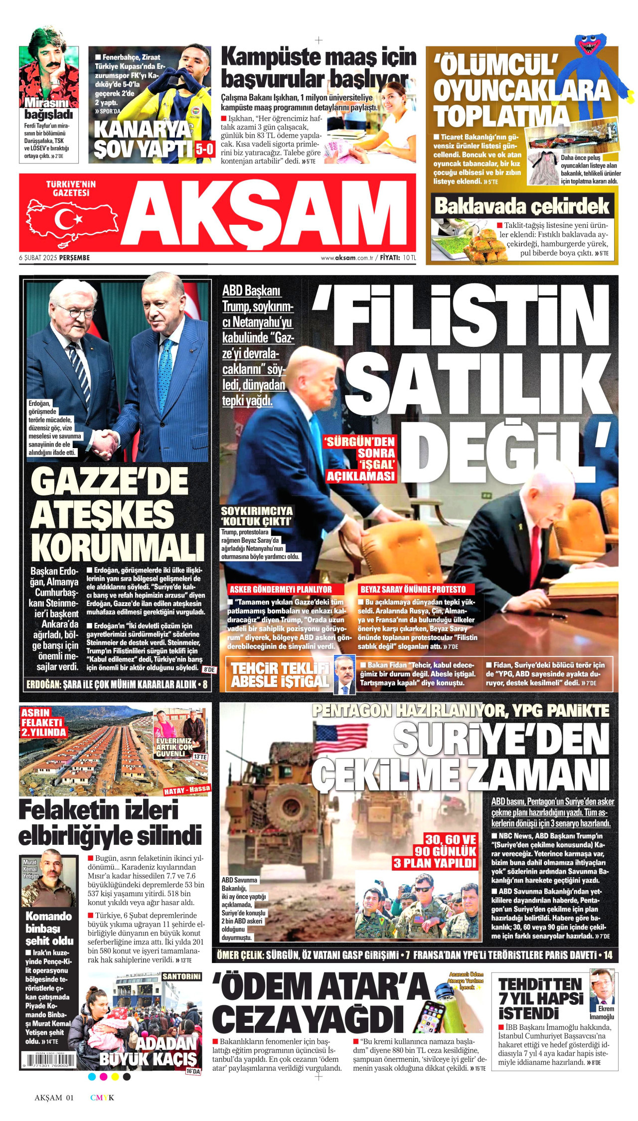 AKŞAM gazetesinin 6 Şubat 2025 tarihli birinci sayfası