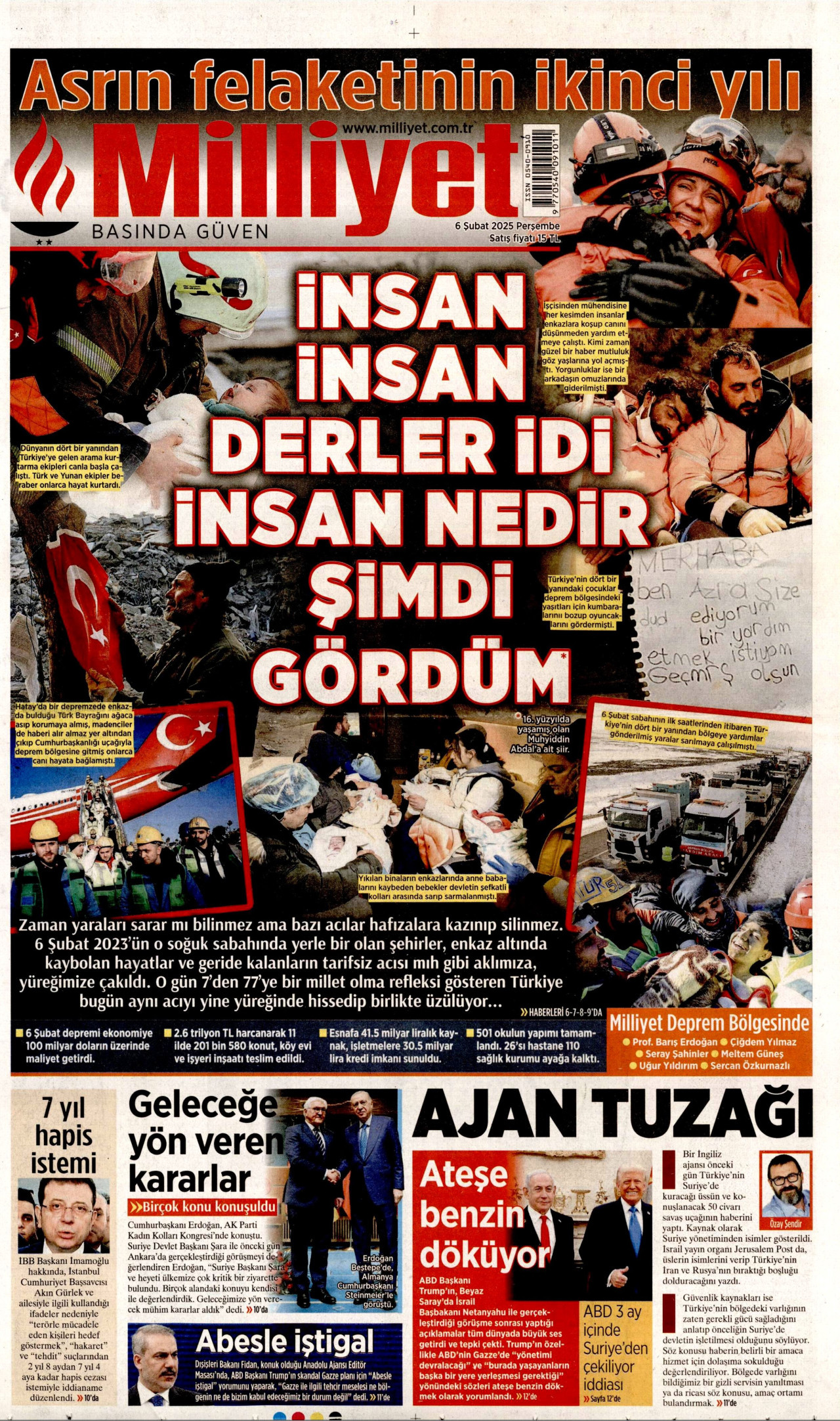 MİLLİYET gazetesinin 6 Şubat 2025 tarihli birinci sayfası