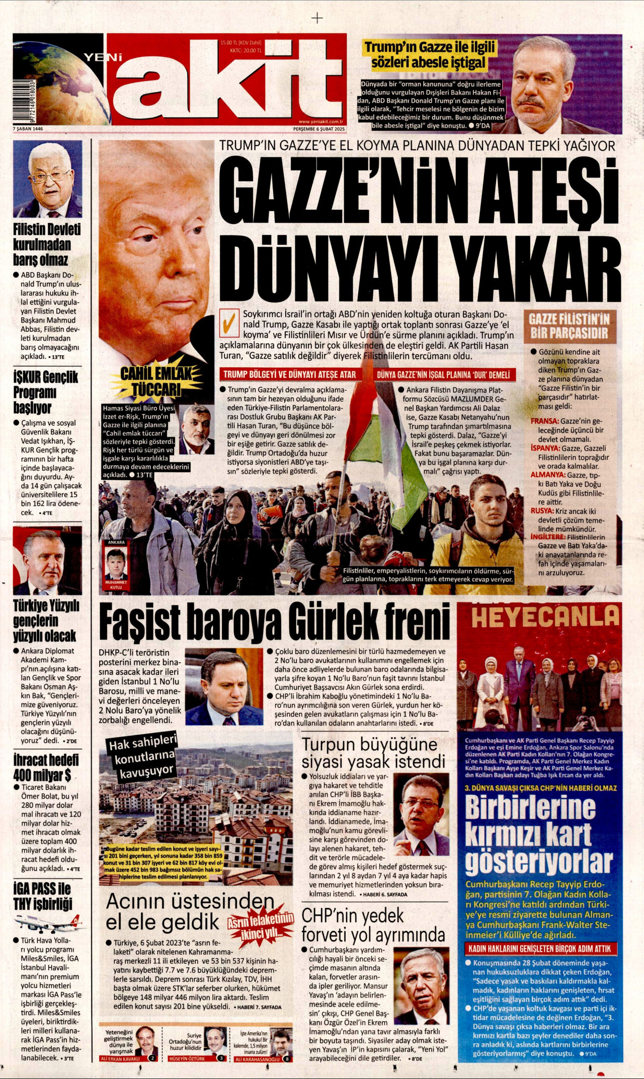 YENİ AKİT gazetesinin 6 Şubat 2025 tarihli birinci sayfası