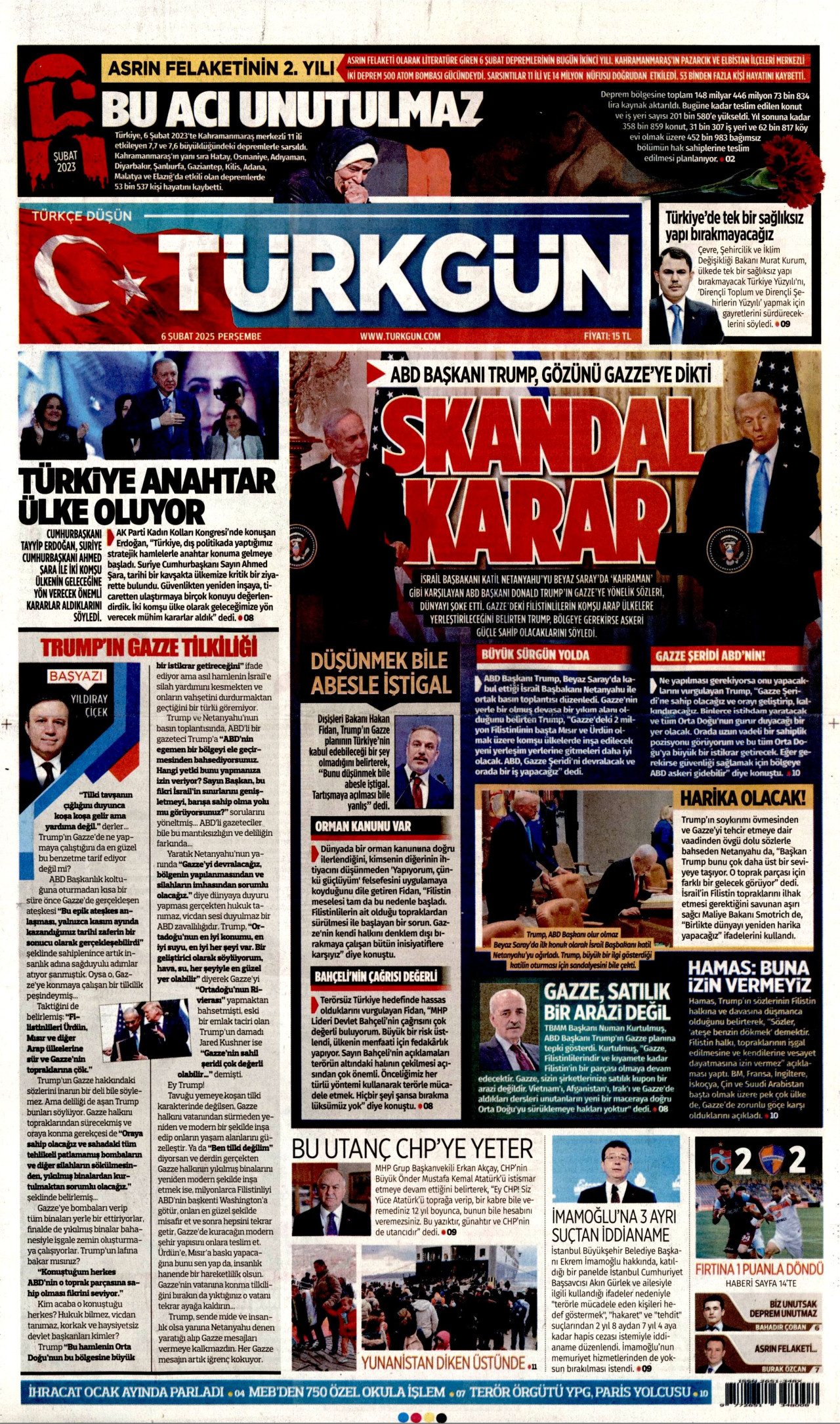 TÜRKGÜN gazetesinin 6 Şubat 2025 tarihli birinci sayfası