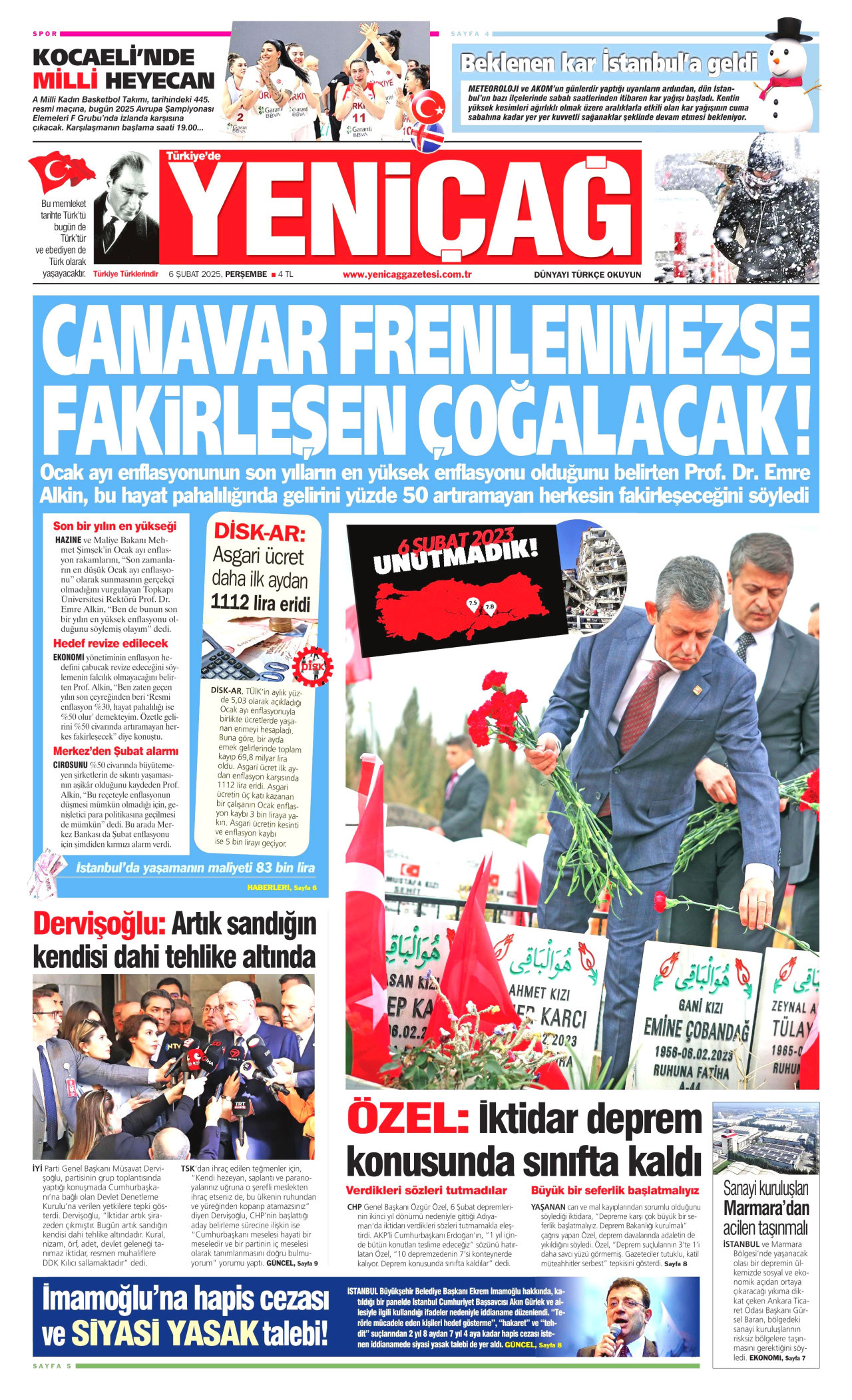 YENİÇAĞ gazetesinin 6 Şubat 2025 tarihli birinci sayfası