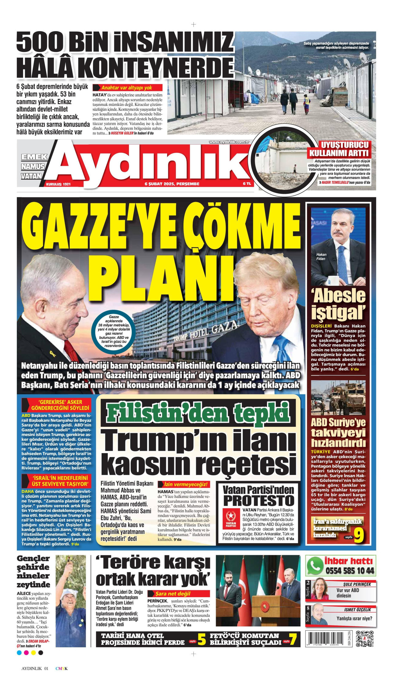 AYDINLIK GAZETESİ gazetesinin 6 Şubat 2025 tarihli birinci sayfası