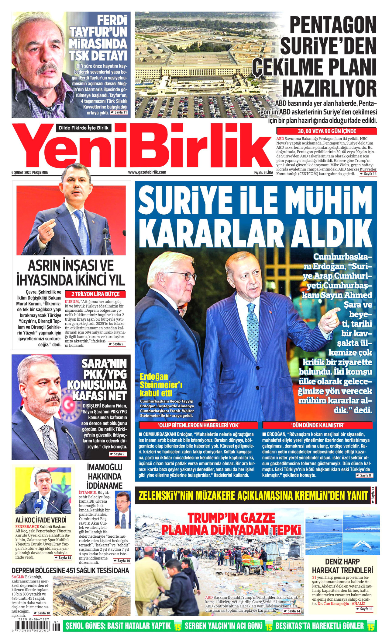 YENİBİRLİK gazetesinin 6 Şubat 2025 tarihli birinci sayfası