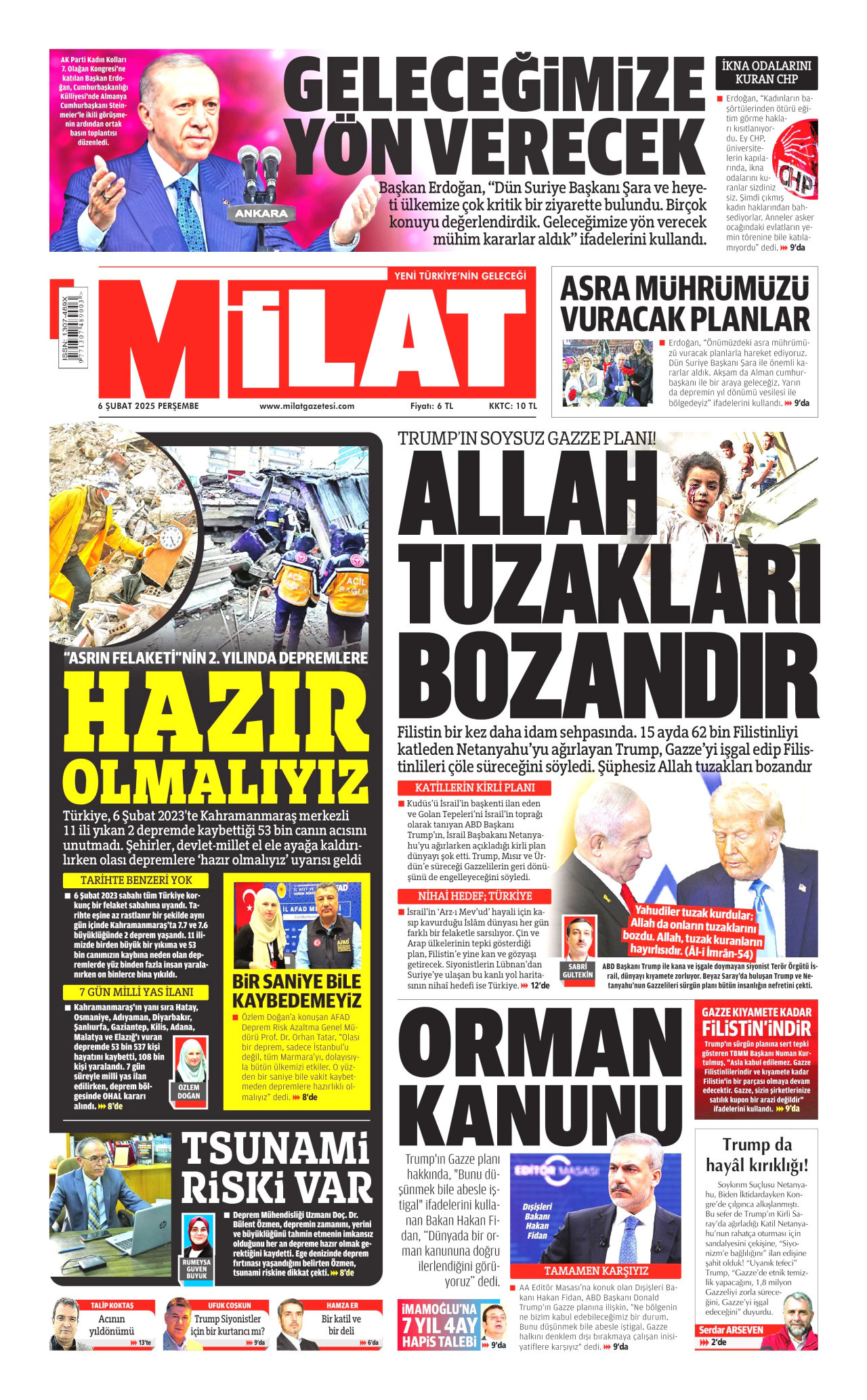 MİLAT gazetesinin 6 Şubat 2025 tarihli birinci sayfası