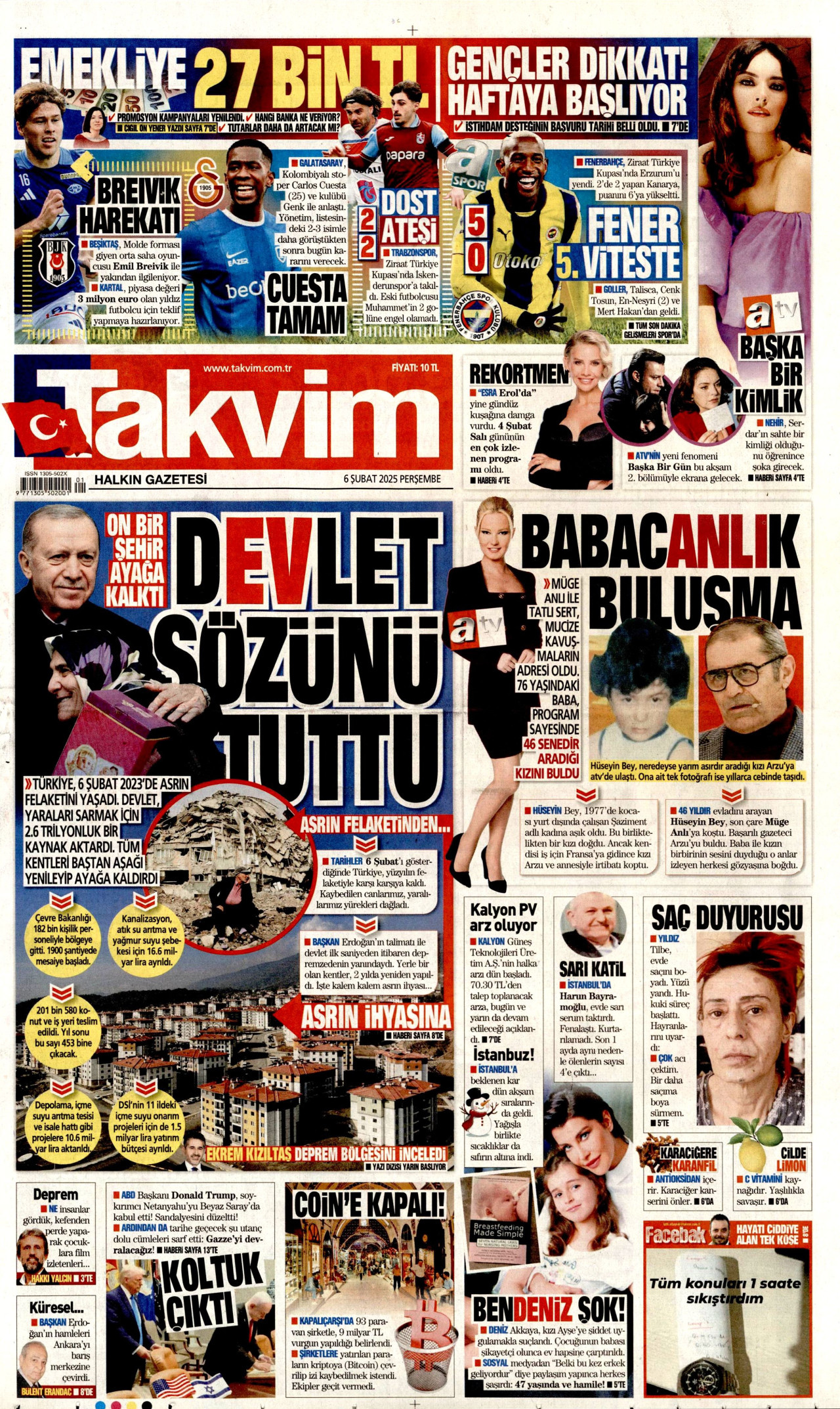 TAKVİM gazetesinin 6 Şubat 2025 tarihli birinci sayfası