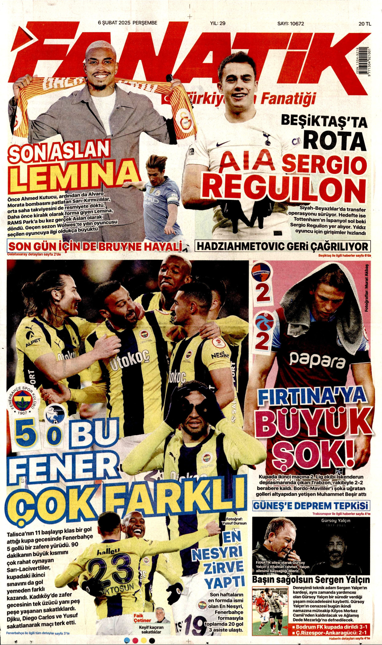 FANATİK gazetesinin 6 Şubat 2025 tarihli birinci sayfası