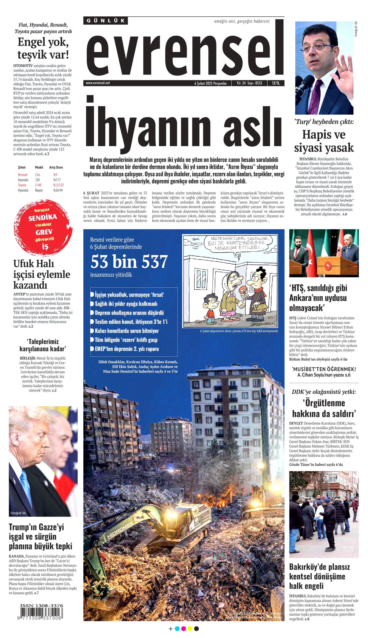EVRENSEL gazetesinin 6 Şubat 2025 tarihli birinci sayfası