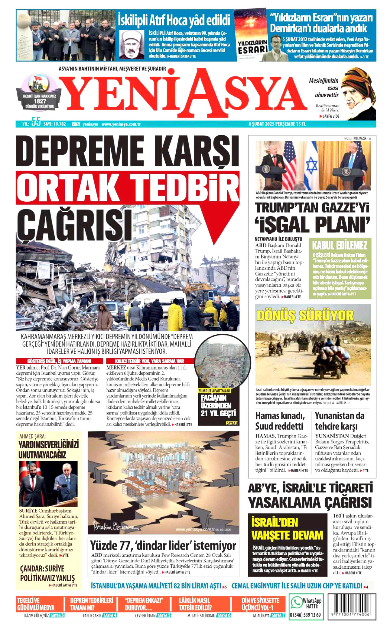 YENİ ASYA gazetesinin 6 Şubat 2025 tarihli birinci sayfası