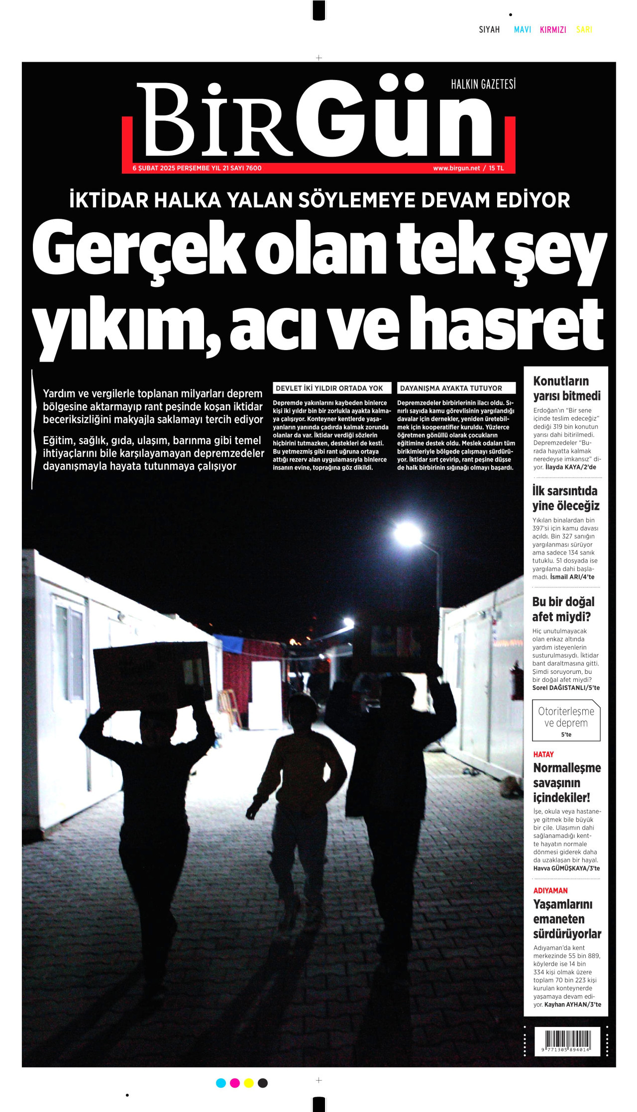 BİRGÜN gazetesinin 6 Şubat 2025 tarihli birinci sayfası