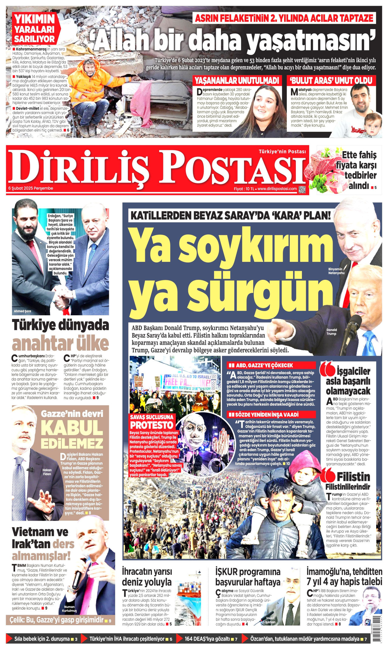 DİRİLİŞ POSTASI gazetesinin 6 Şubat 2025 tarihli birinci sayfası