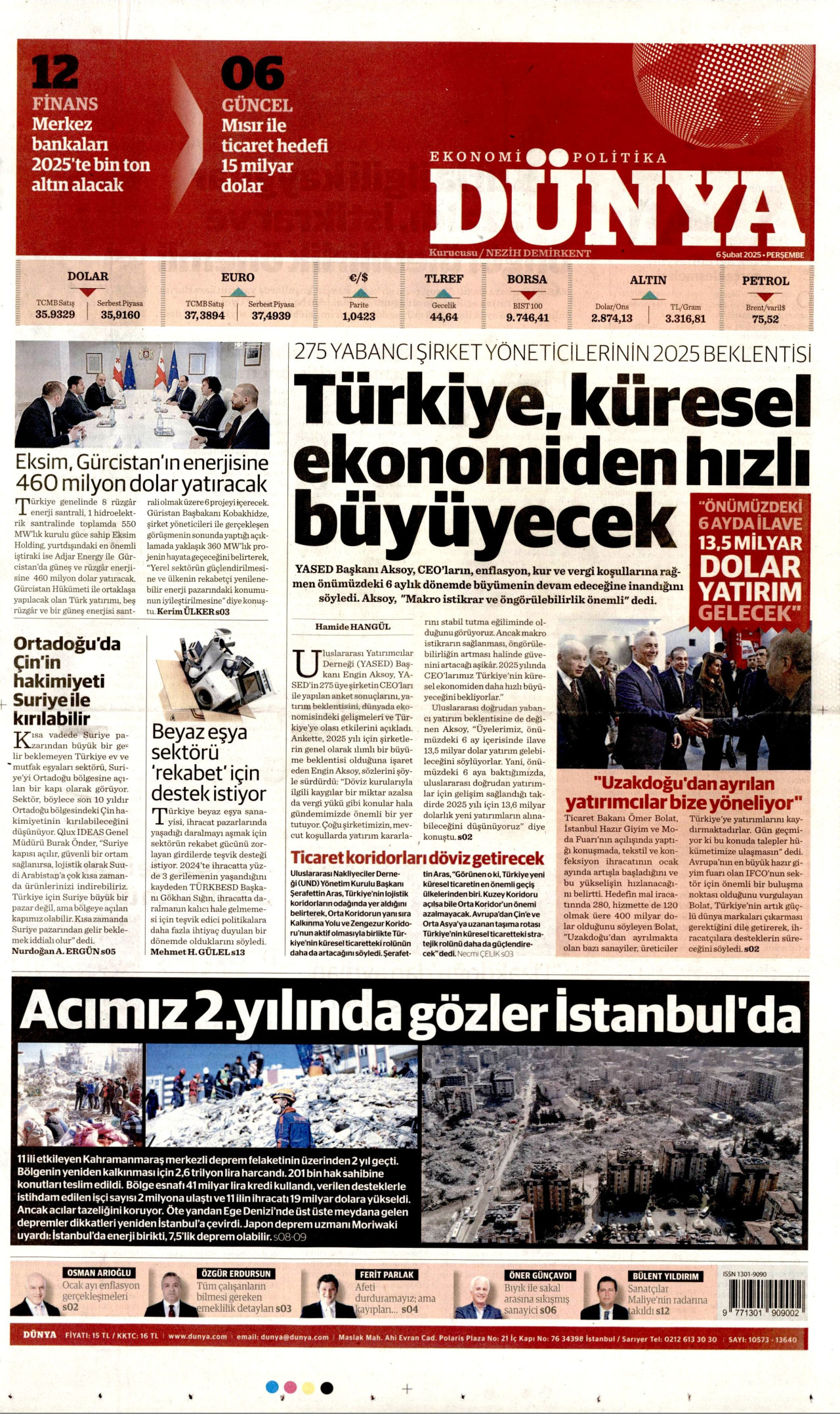 DÜNYA gazetesinin 6 Şubat 2025 tarihli birinci sayfası
