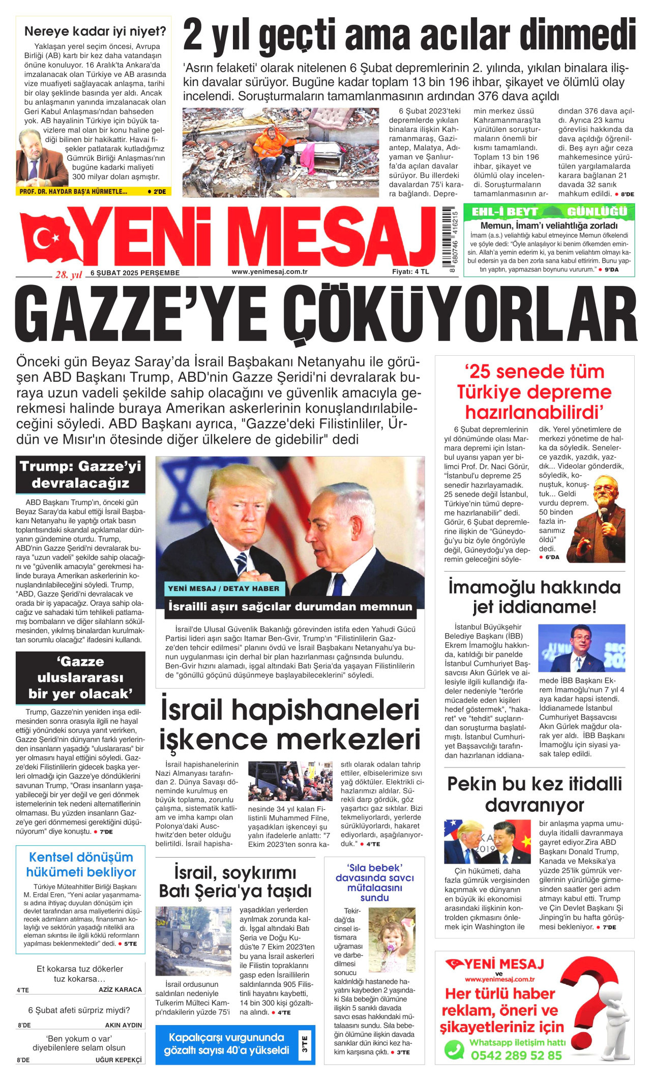 YENİ MESAJ gazetesinin 6 Şubat 2025 tarihli birinci sayfası