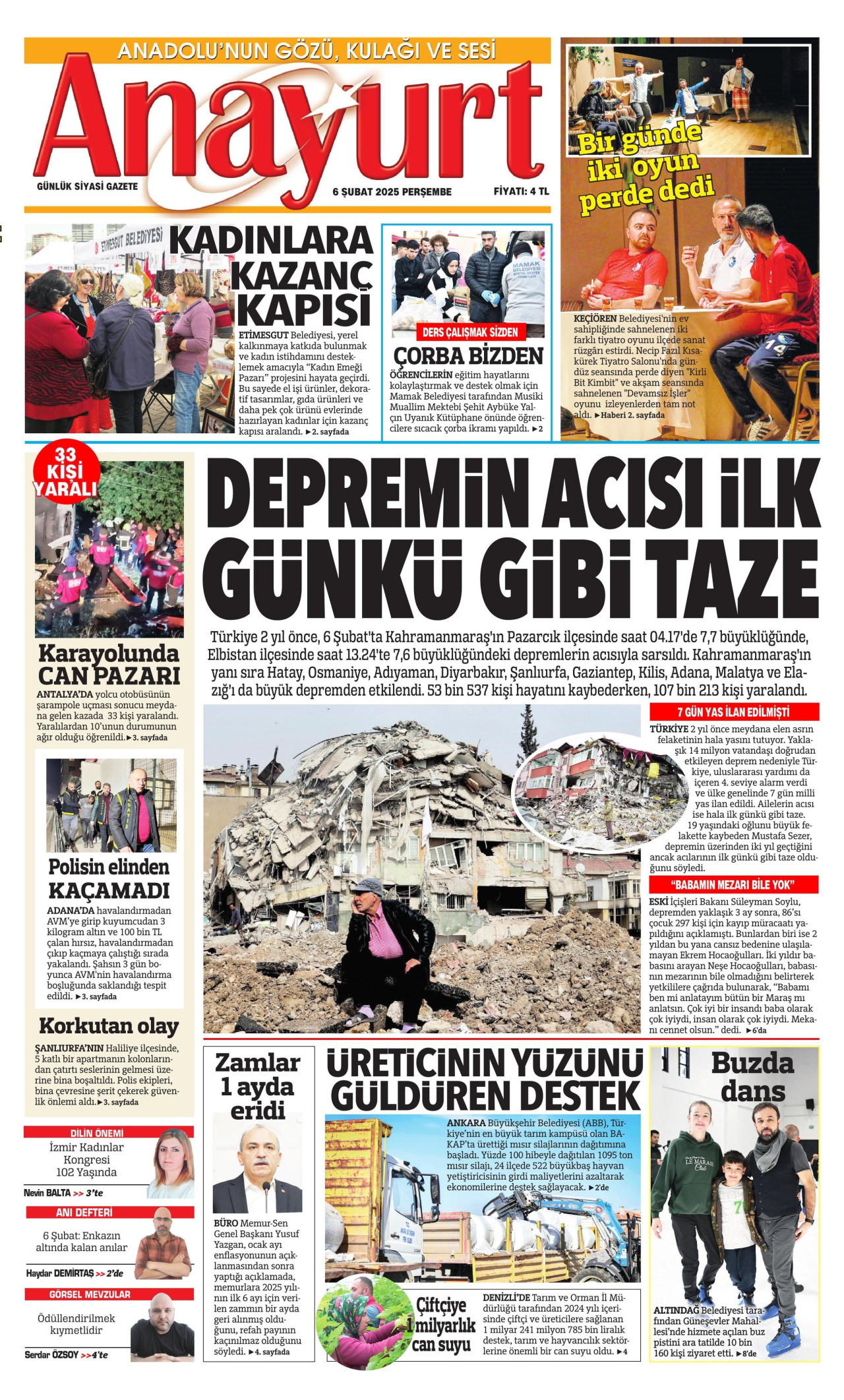 ANAYURT gazetesinin 6 Şubat 2025 tarihli birinci sayfası
