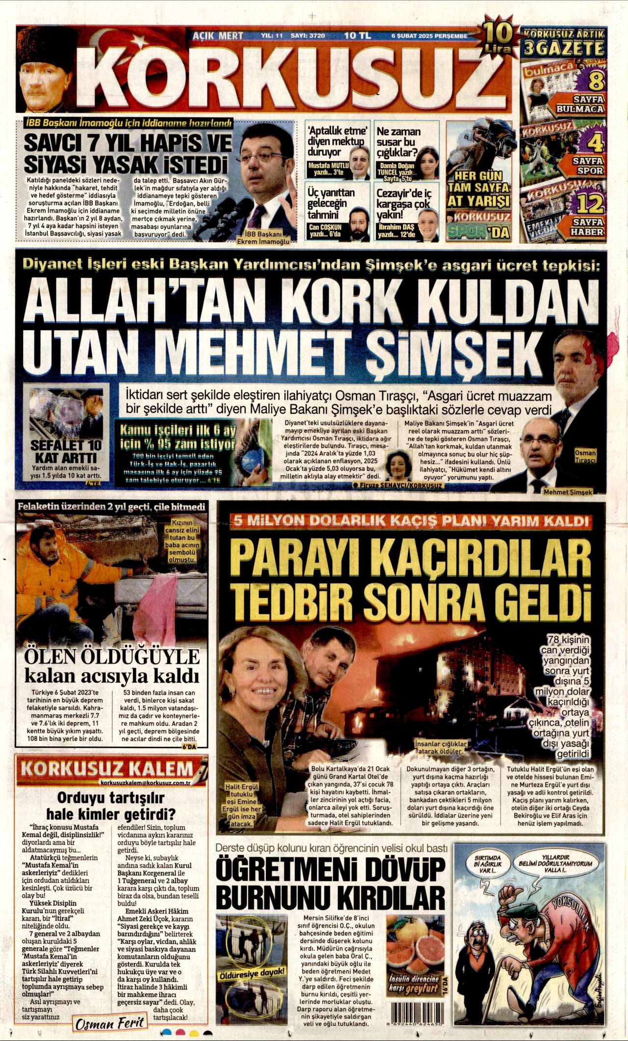 KORKUSUZ gazetesinin 6 Şubat 2025 tarihli birinci sayfası
