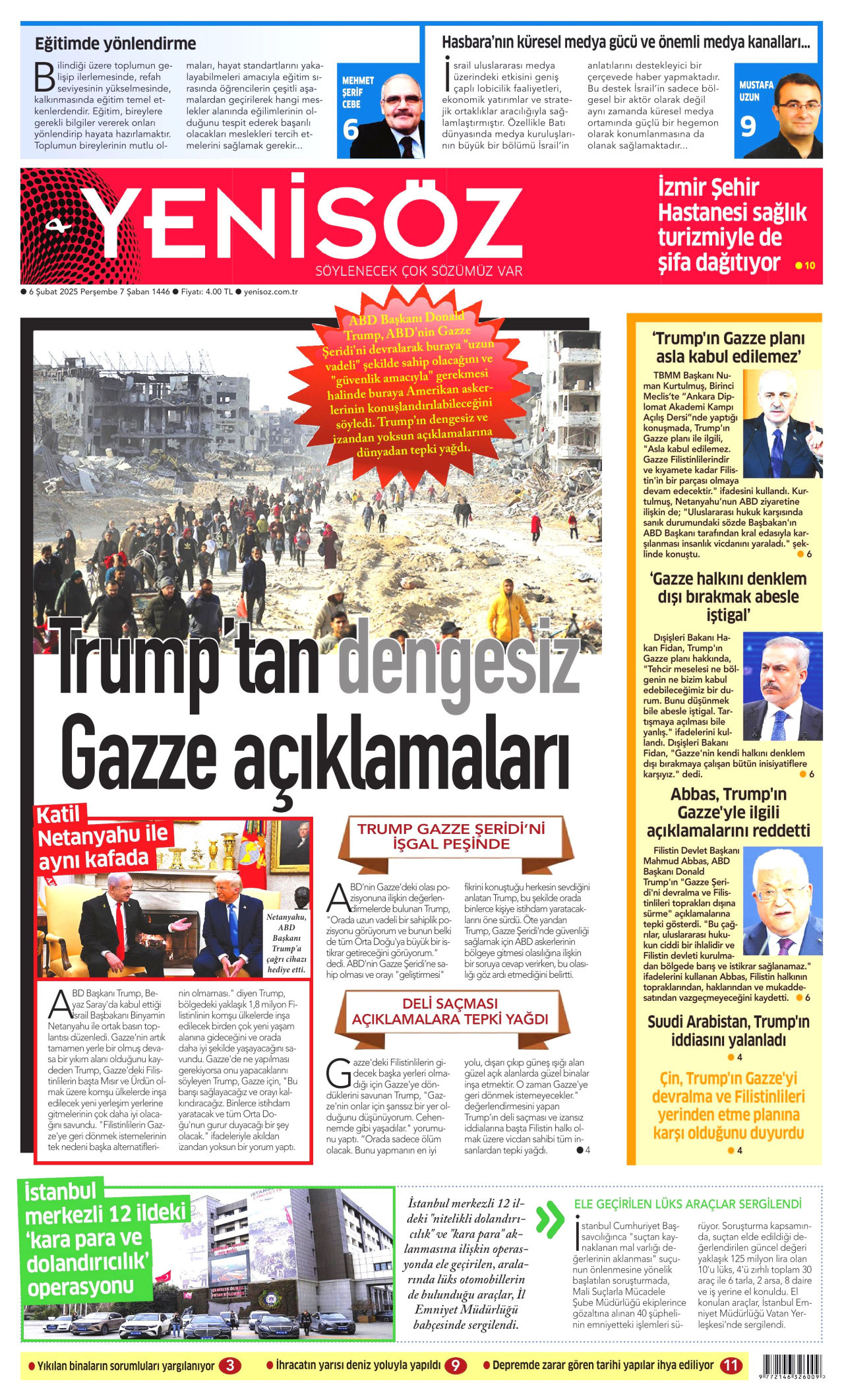 YENİ SÖZ GAZETESİ gazetesinin 6 Şubat 2025 tarihli birinci sayfası