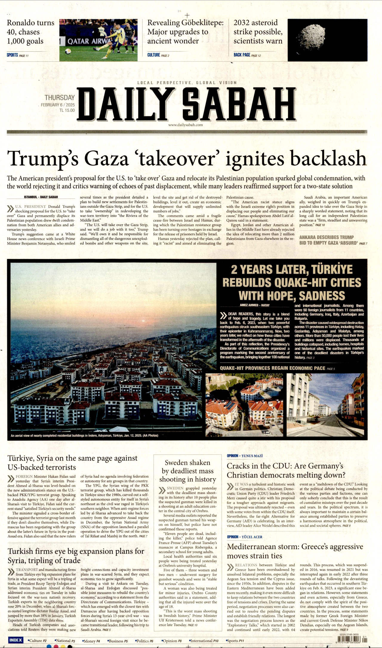 DAİLY SABAH gazetesinin 6 Şubat 2025 tarihli birinci sayfası