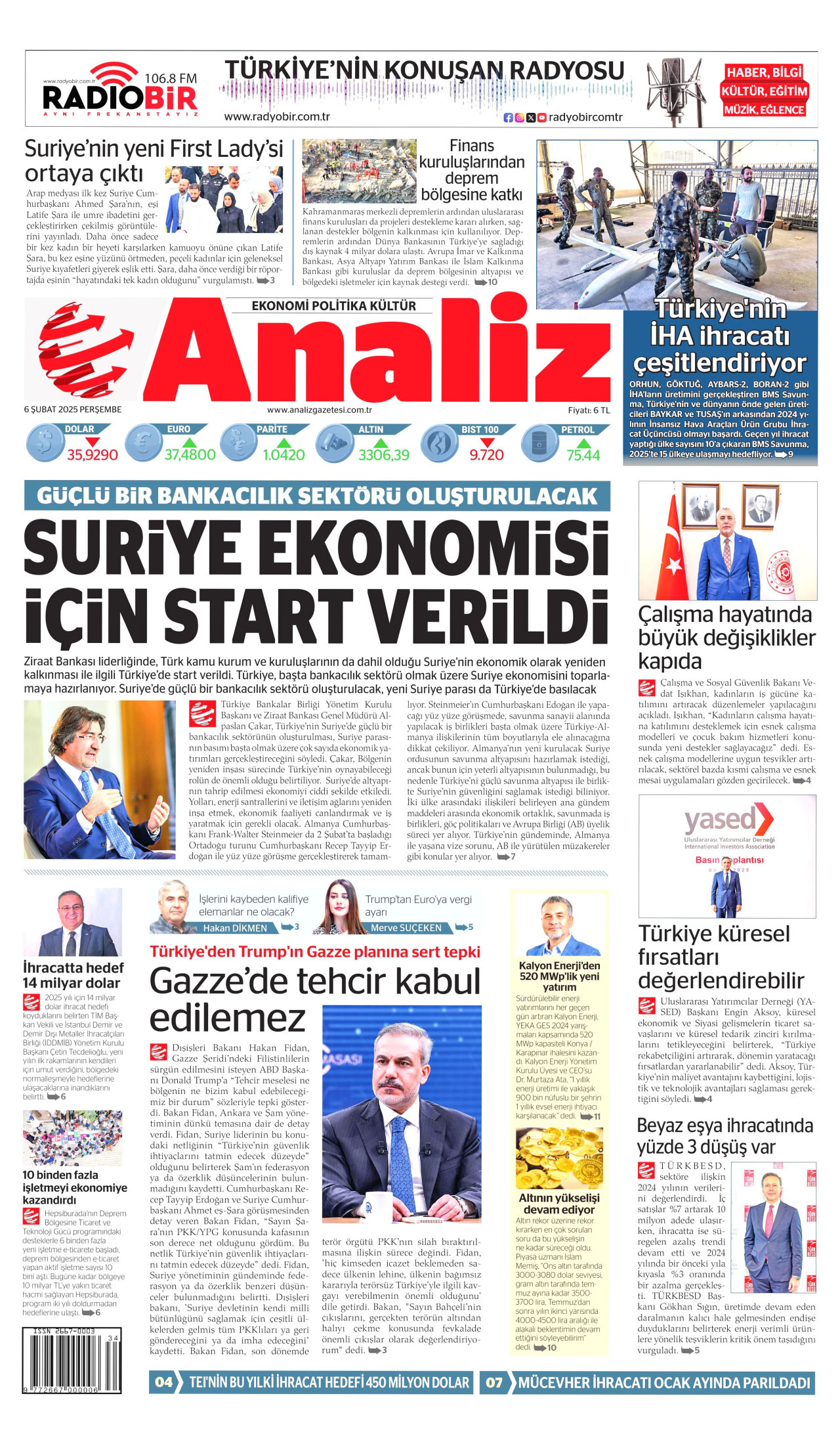 ANALİZ gazetesinin 6 Şubat 2025 tarihli birinci sayfası
