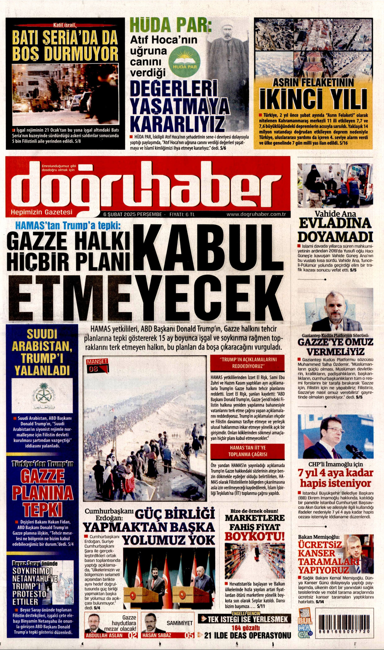 DOĞRU HABER gazetesinin 6 Şubat 2025 tarihli birinci sayfası
