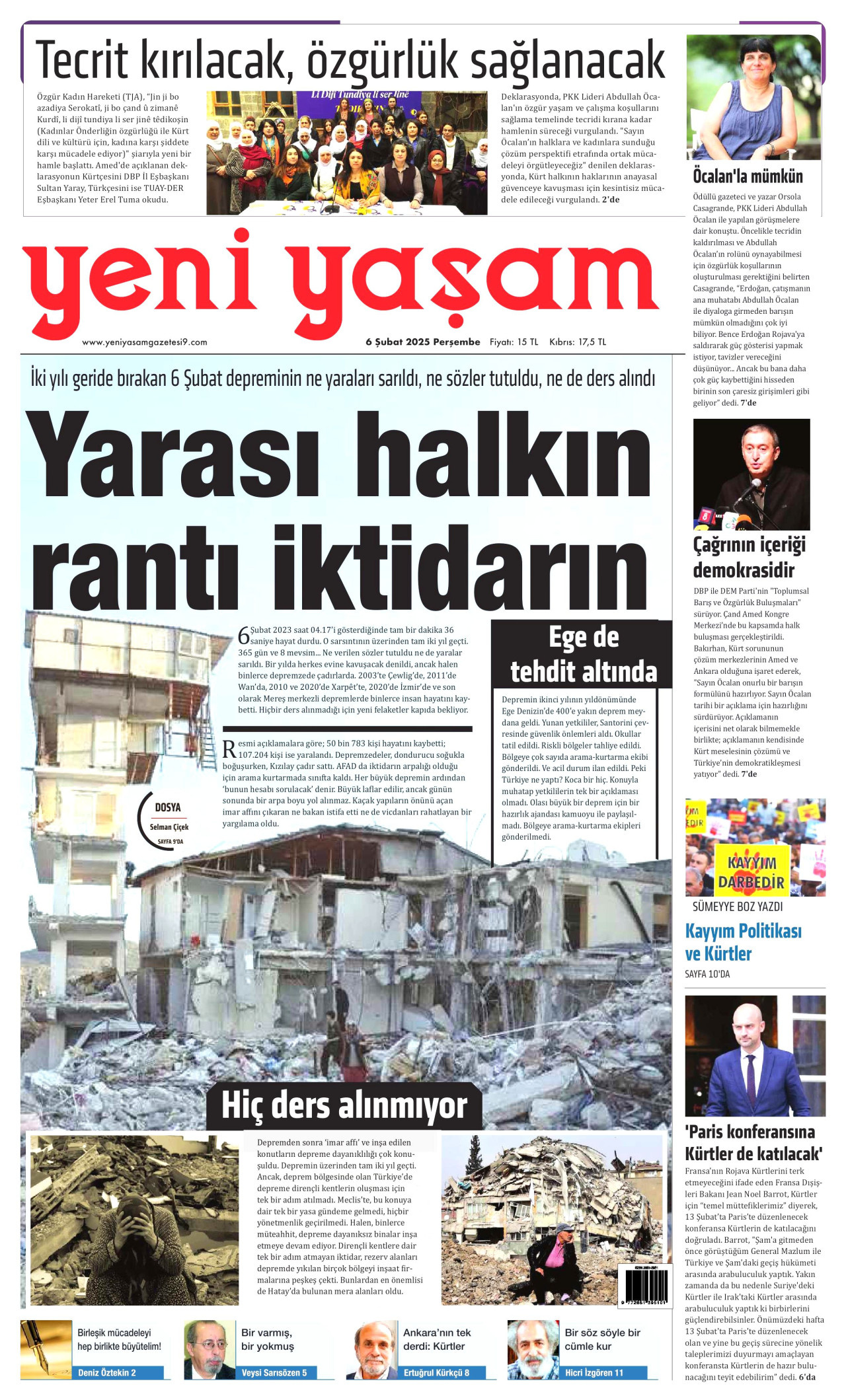 YENİ YAŞAM gazetesinin 6 Şubat 2025 tarihli birinci sayfası