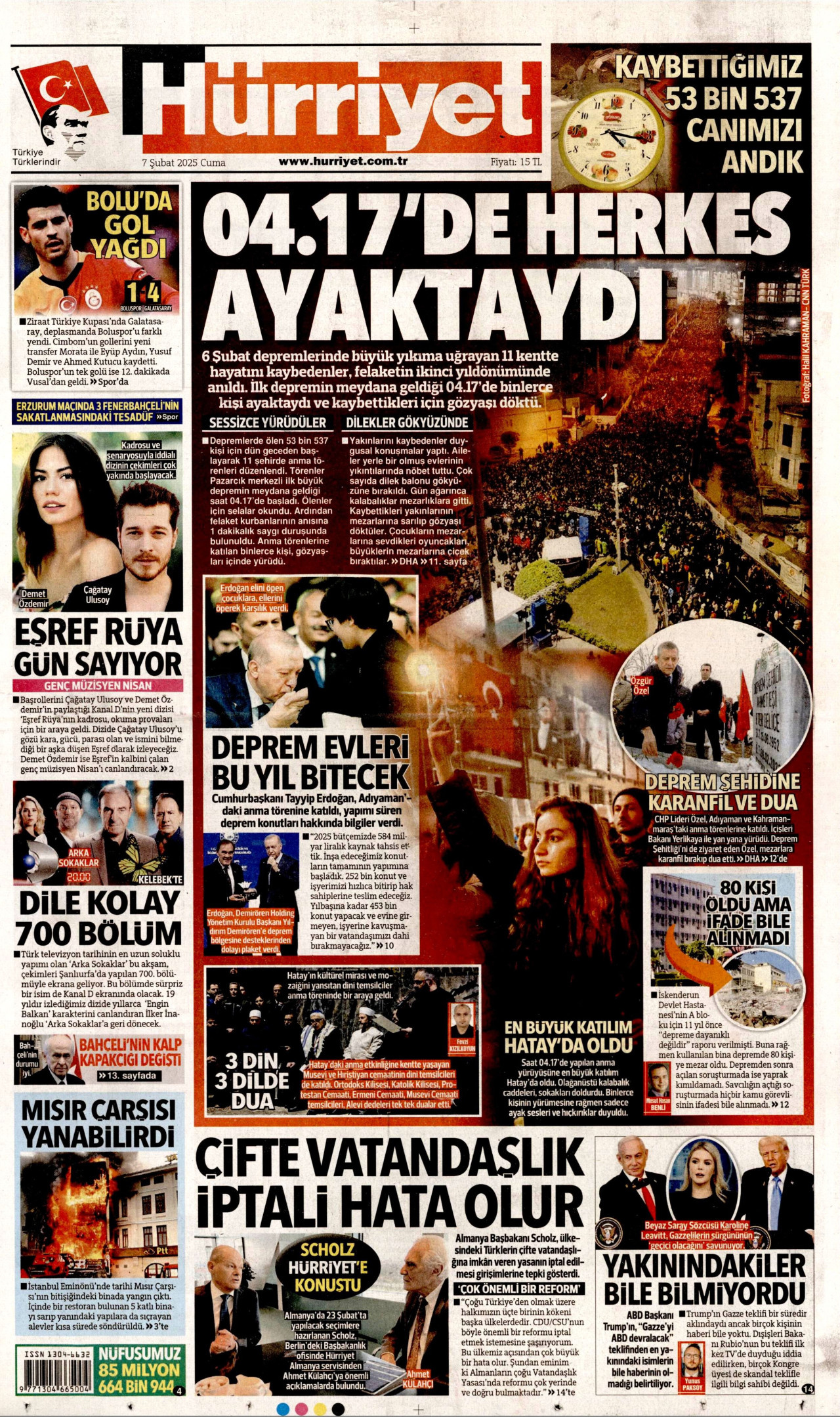 HÜRRİYET gazetesinin 7 Şubat 2025 tarihli birinci sayfası