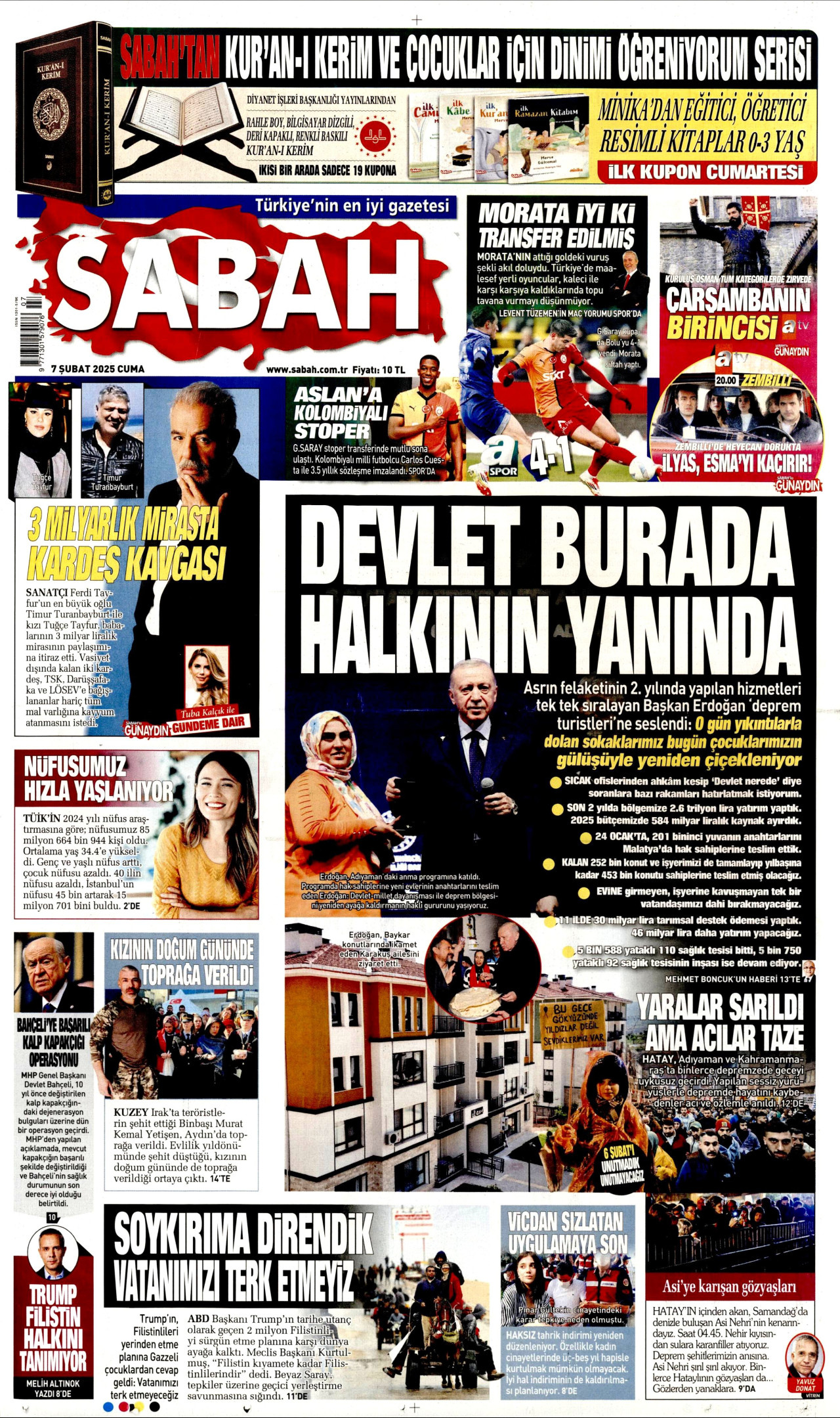 SABAH gazetesinin 7 Şubat 2025 tarihli birinci sayfası