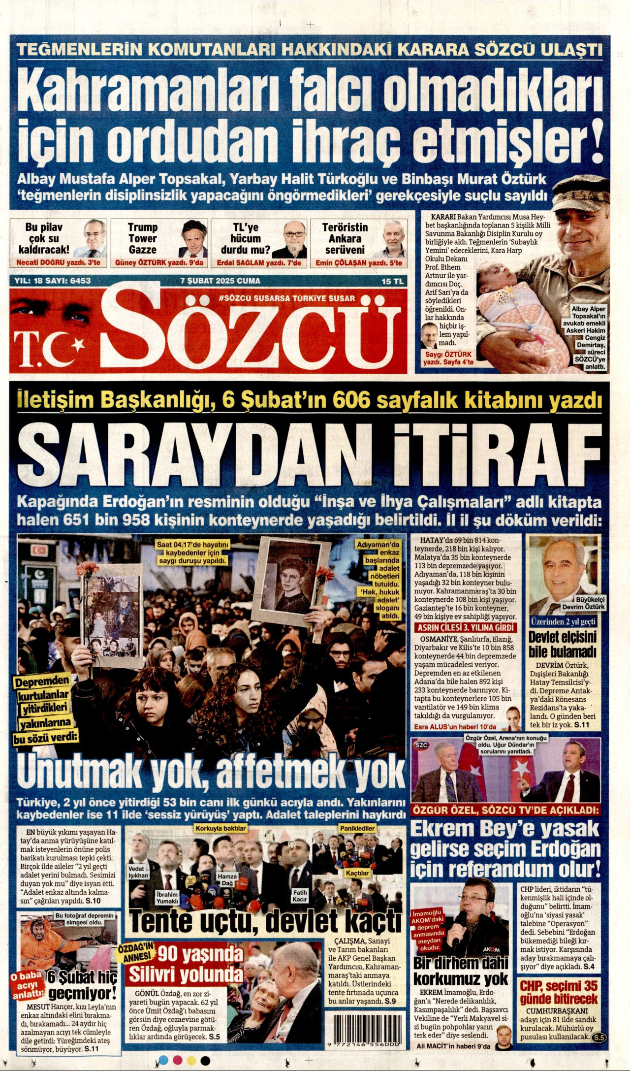 SÖZCÜ gazetesinin 7 Şubat 2025 tarihli birinci sayfası