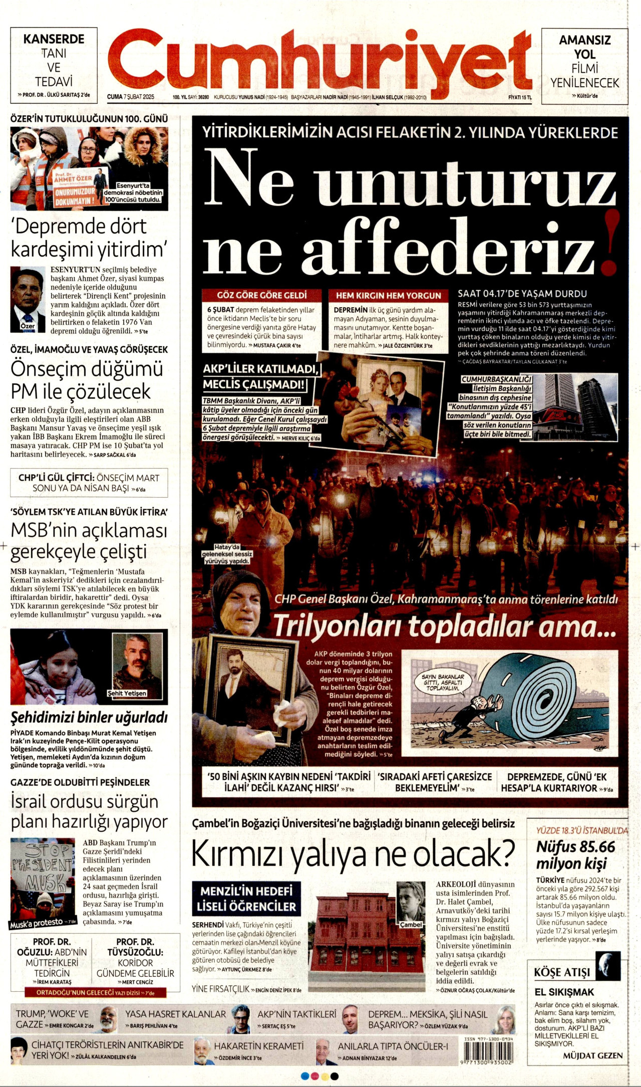 CUMHURİYET gazetesinin 7 Şubat 2025 tarihli birinci sayfası