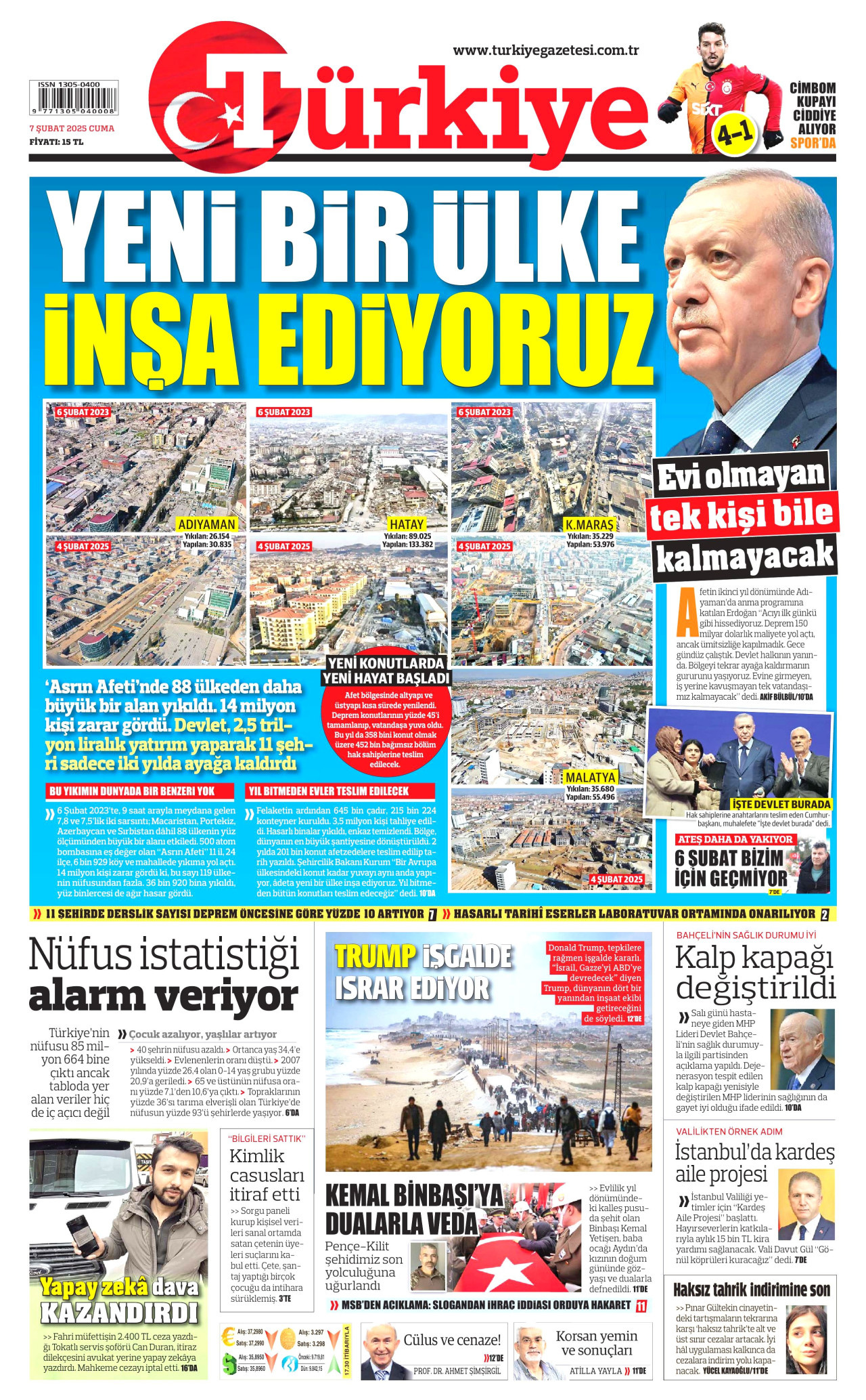 TÜRKİYE GAZETESİ gazetesinin 7 Şubat 2025 tarihli birinci sayfası