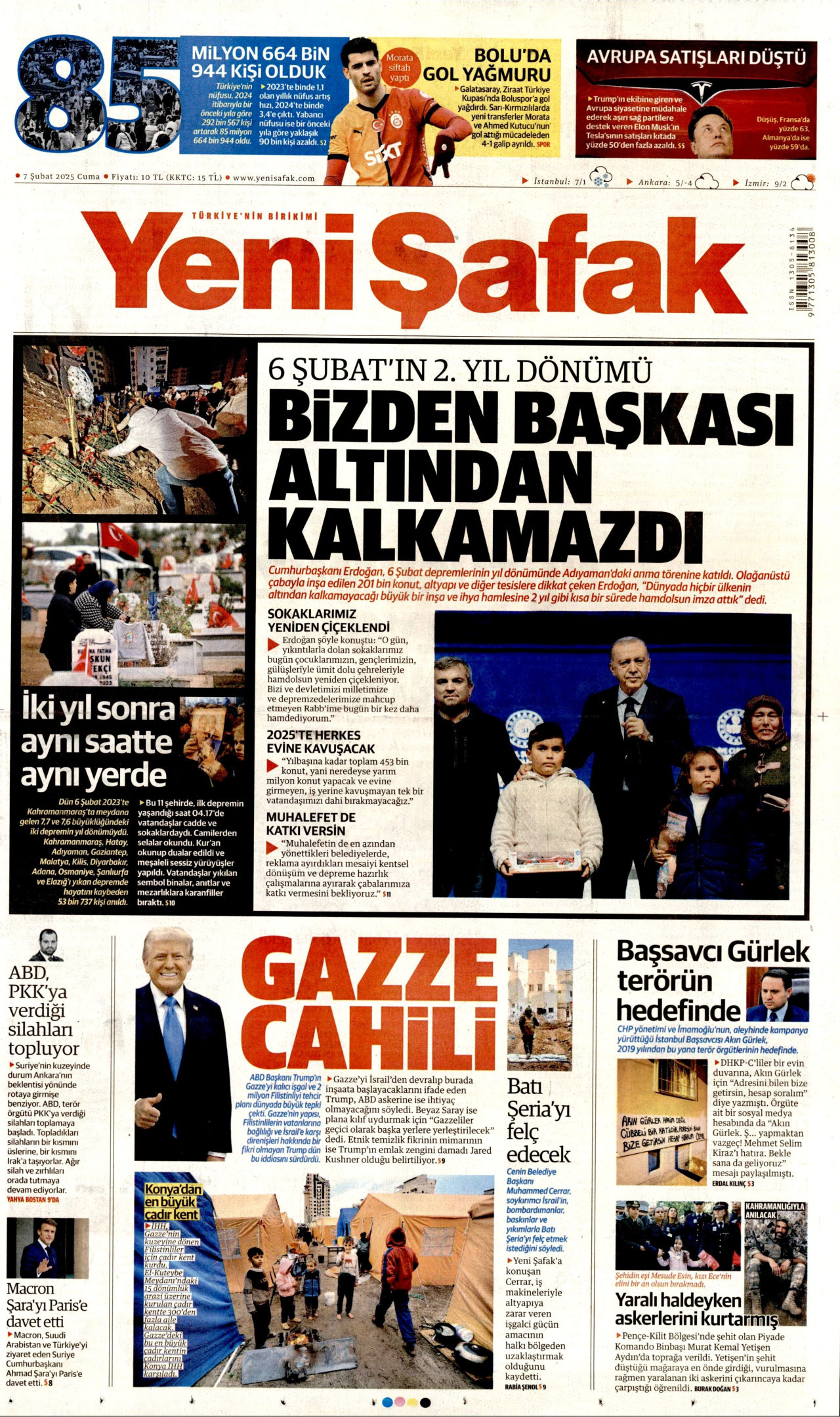 YENİ ŞAFAK gazetesinin 7 Şubat 2025 tarihli birinci sayfası