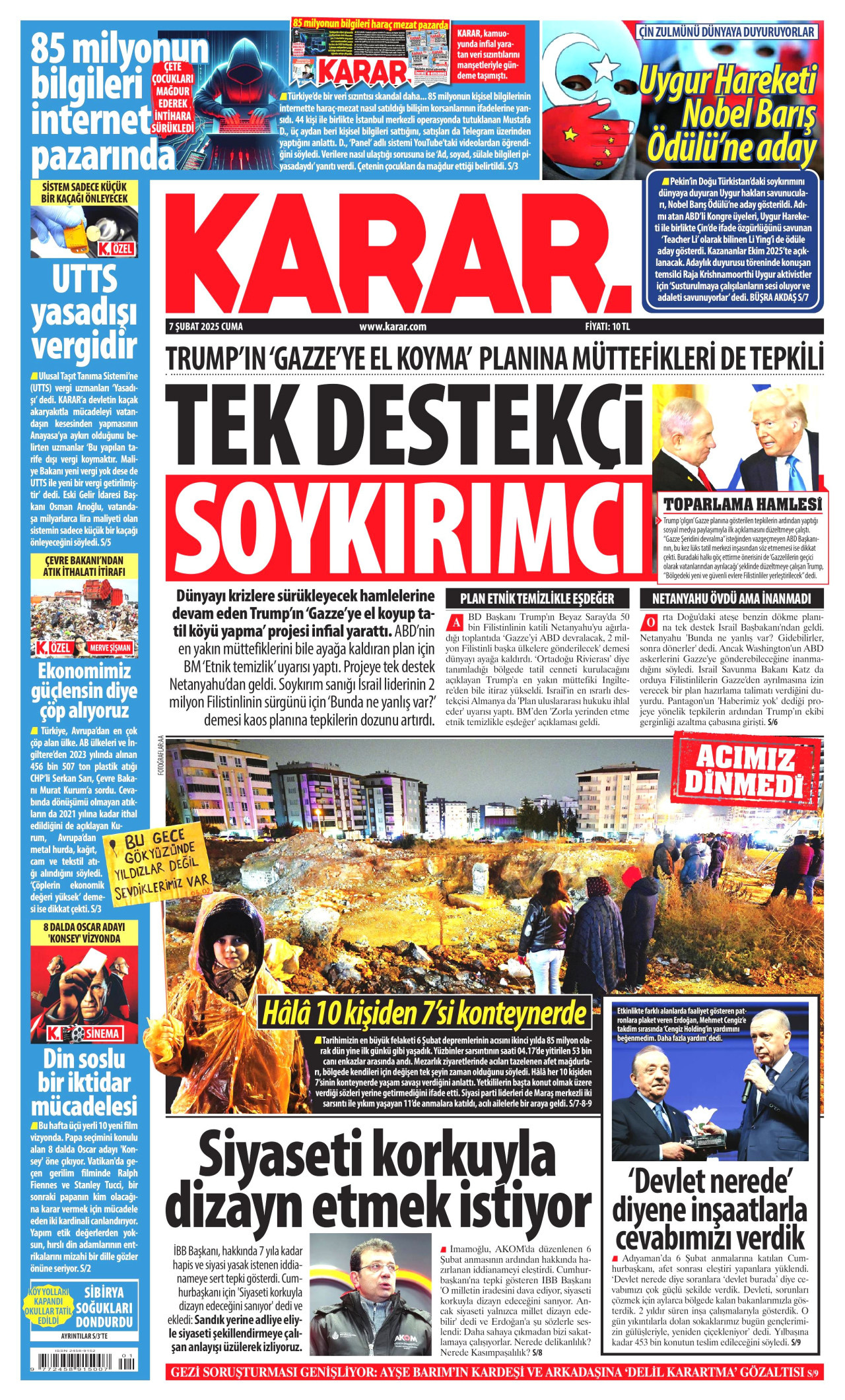 KARAR gazetesinin 7 Şubat 2025 tarihli birinci sayfası