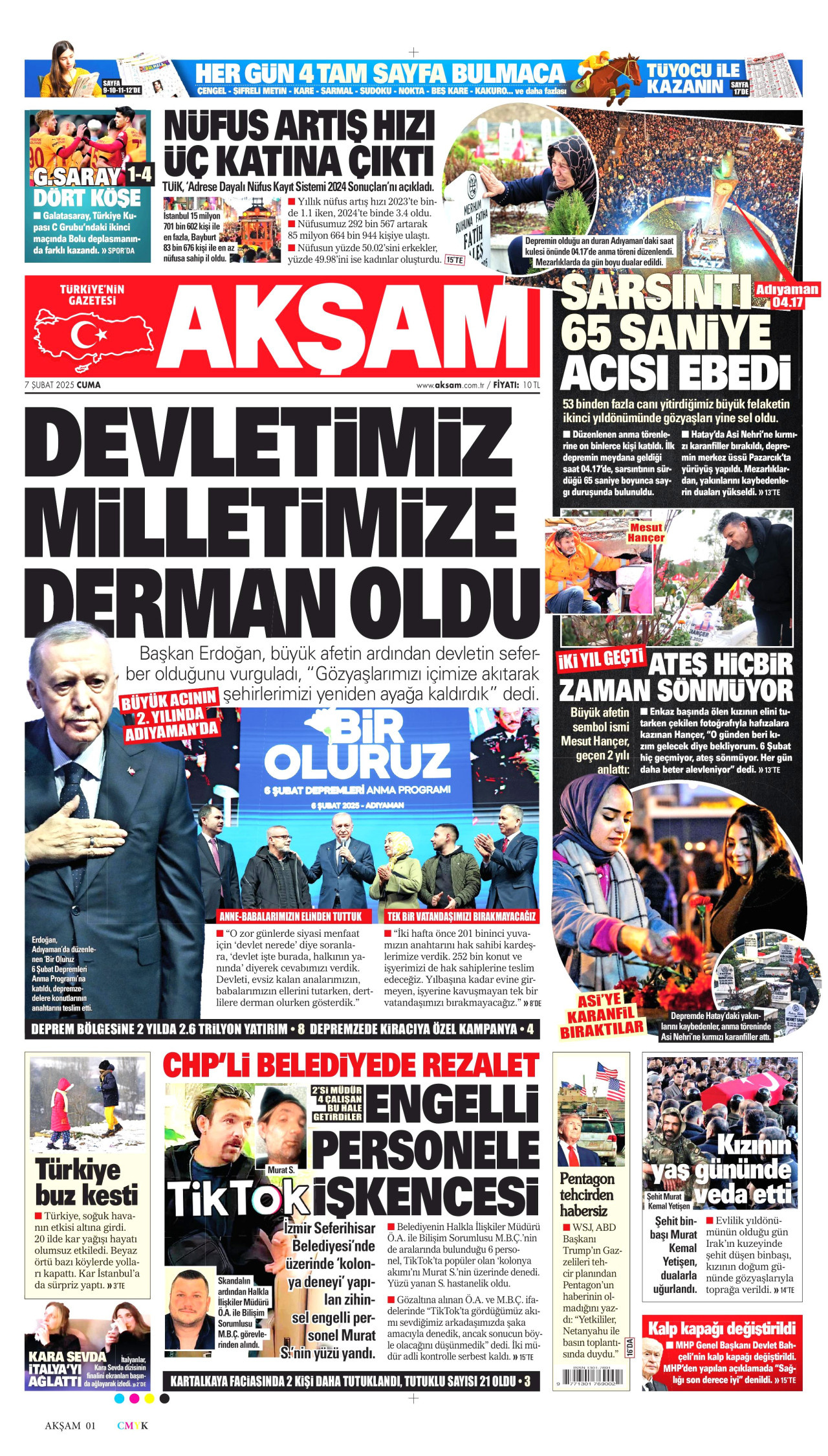 AKŞAM gazetesinin 7 Şubat 2025 tarihli birinci sayfası