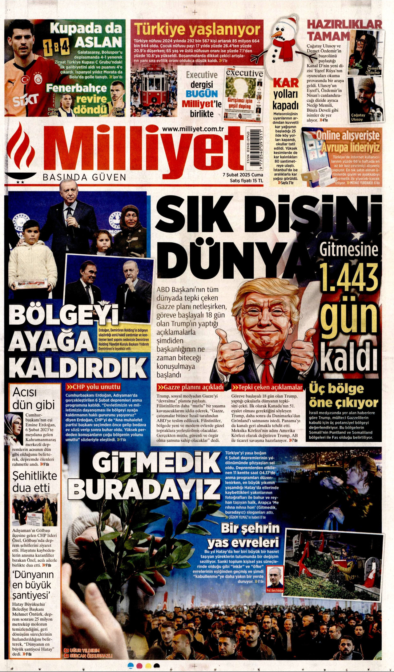 MİLLİYET gazetesinin 7 Şubat 2025 tarihli birinci sayfası