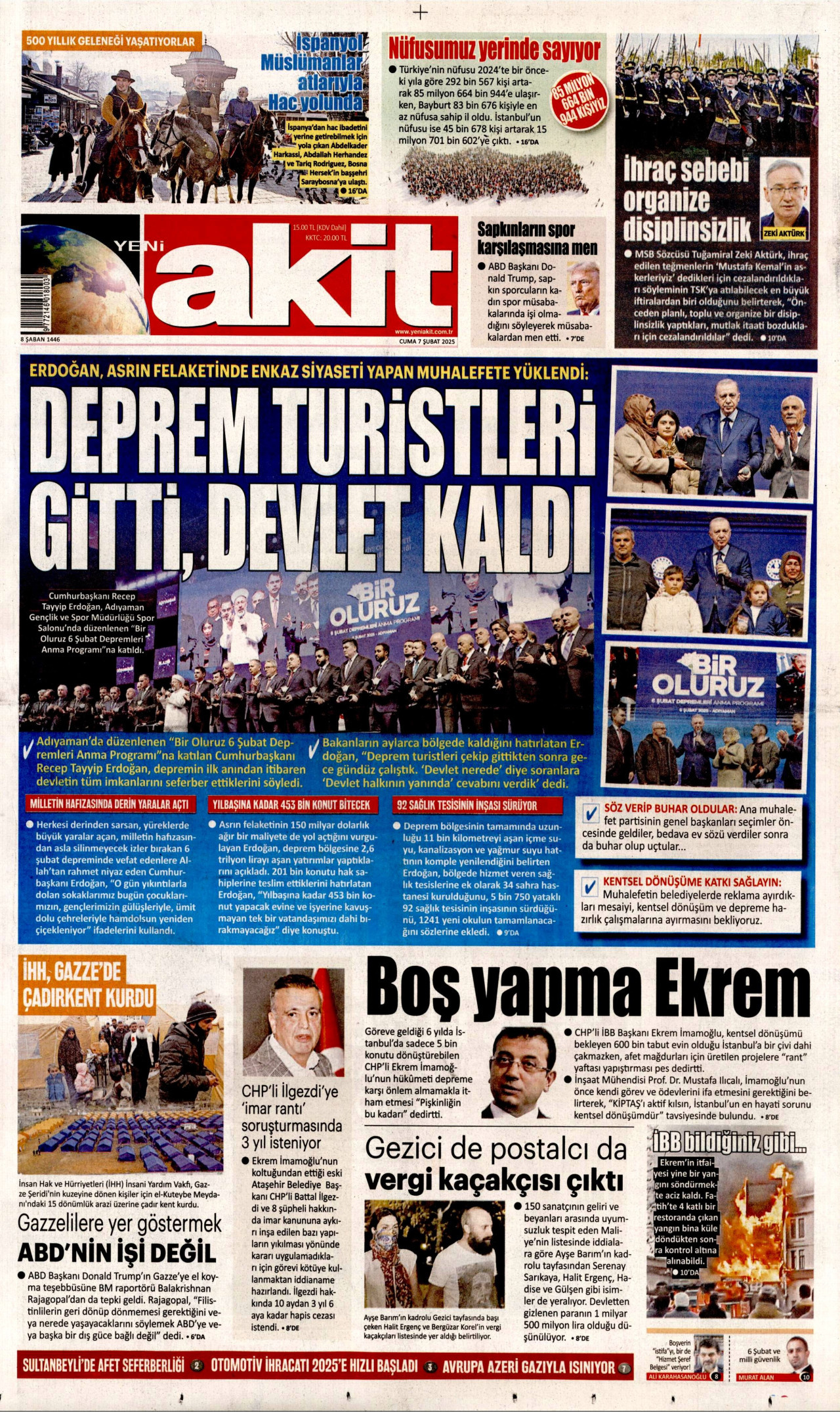 YENİ AKİT gazetesinin 7 Şubat 2025 tarihli birinci sayfası