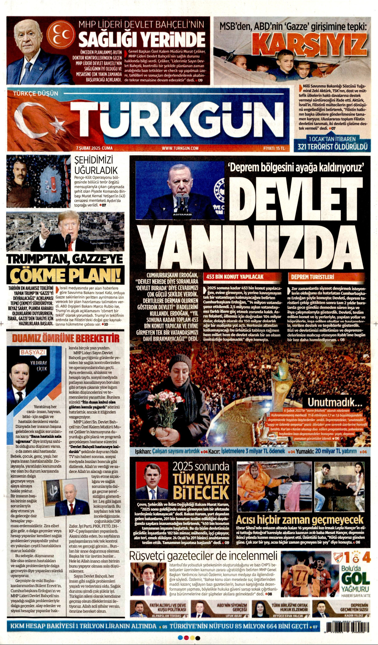 TÜRKGÜN gazetesinin 7 Şubat 2025 tarihli birinci sayfası