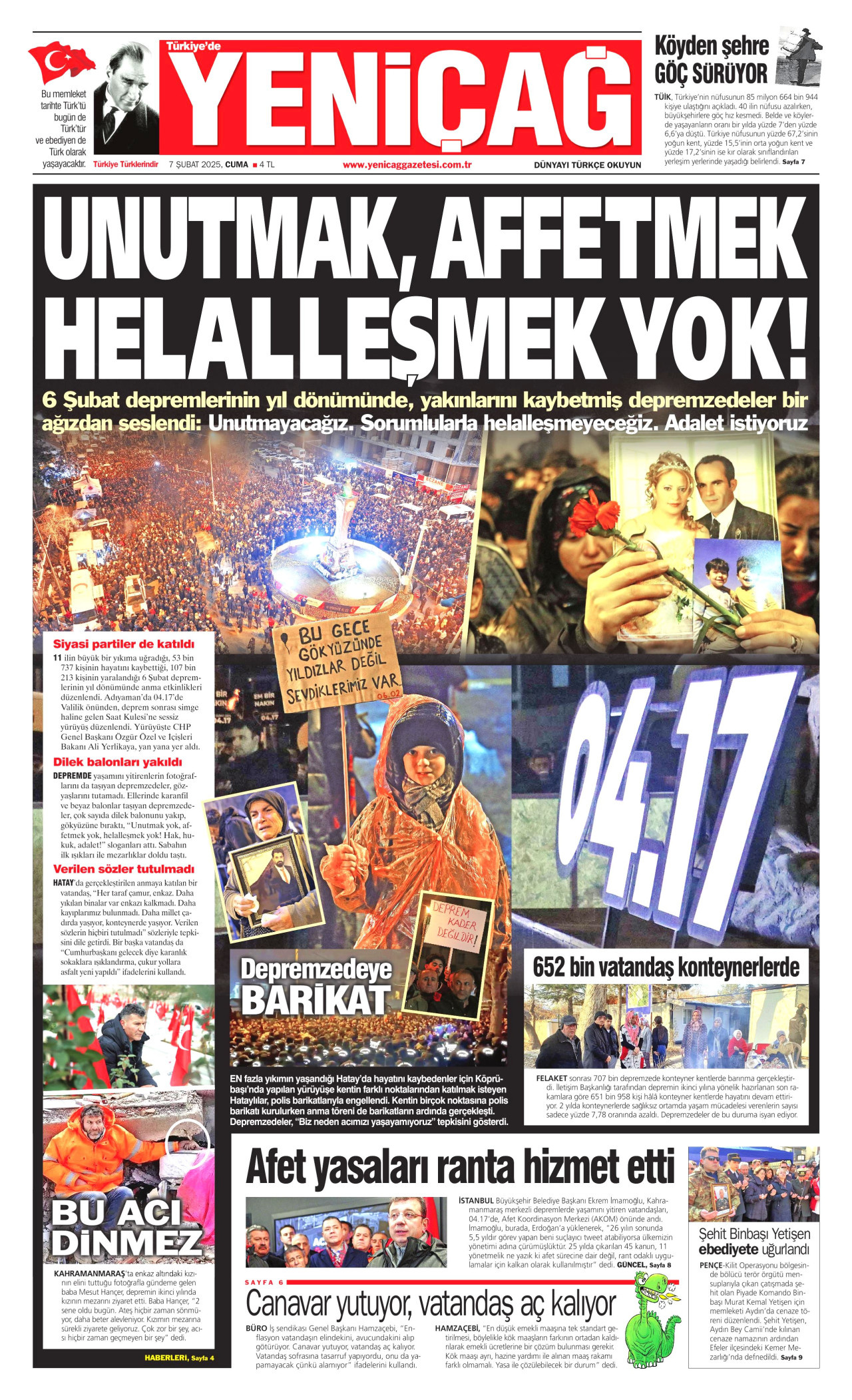 YENİÇAĞ gazetesinin 7 Şubat 2025 tarihli birinci sayfası