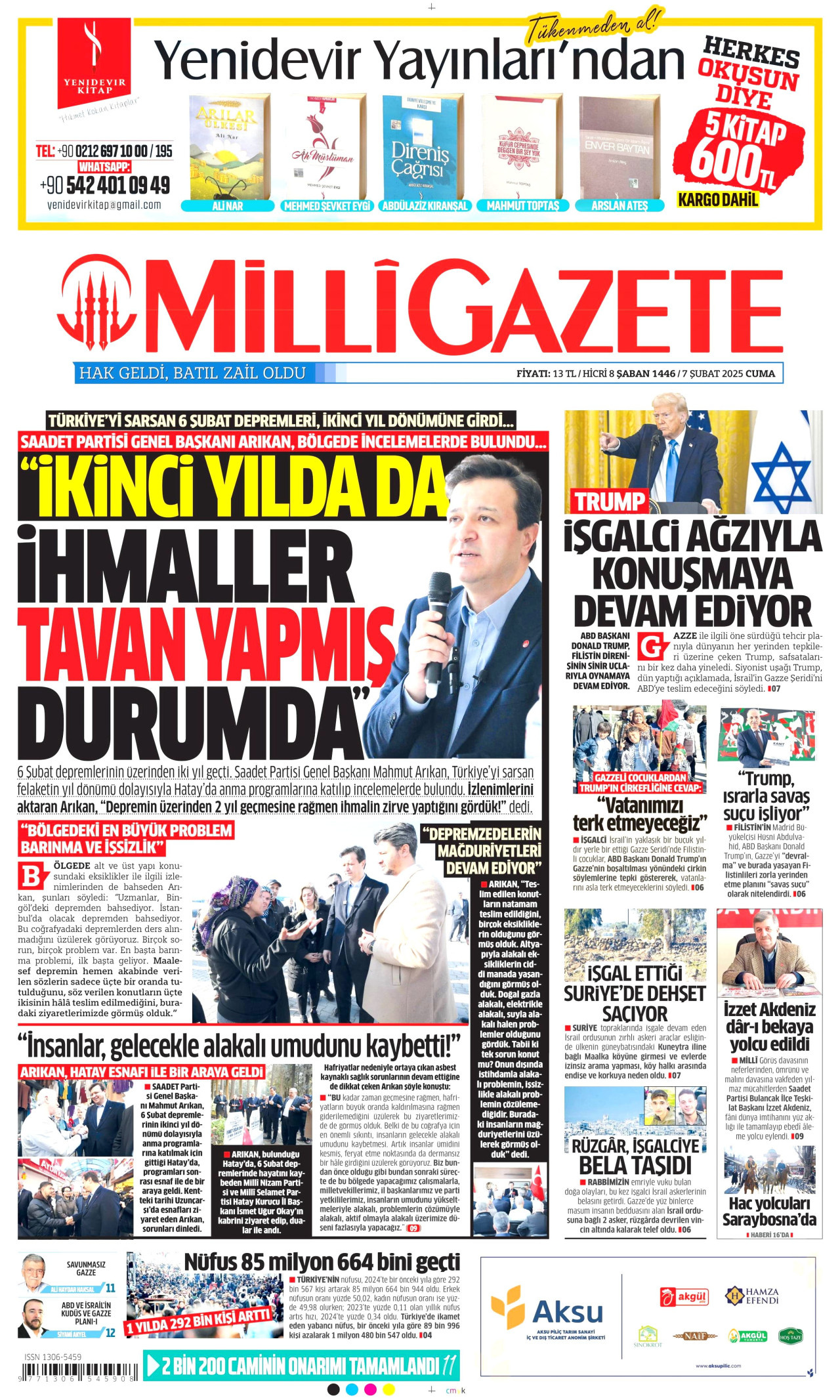 MİLLİ GAZETE gazetesinin 7 Şubat 2025 tarihli birinci sayfası